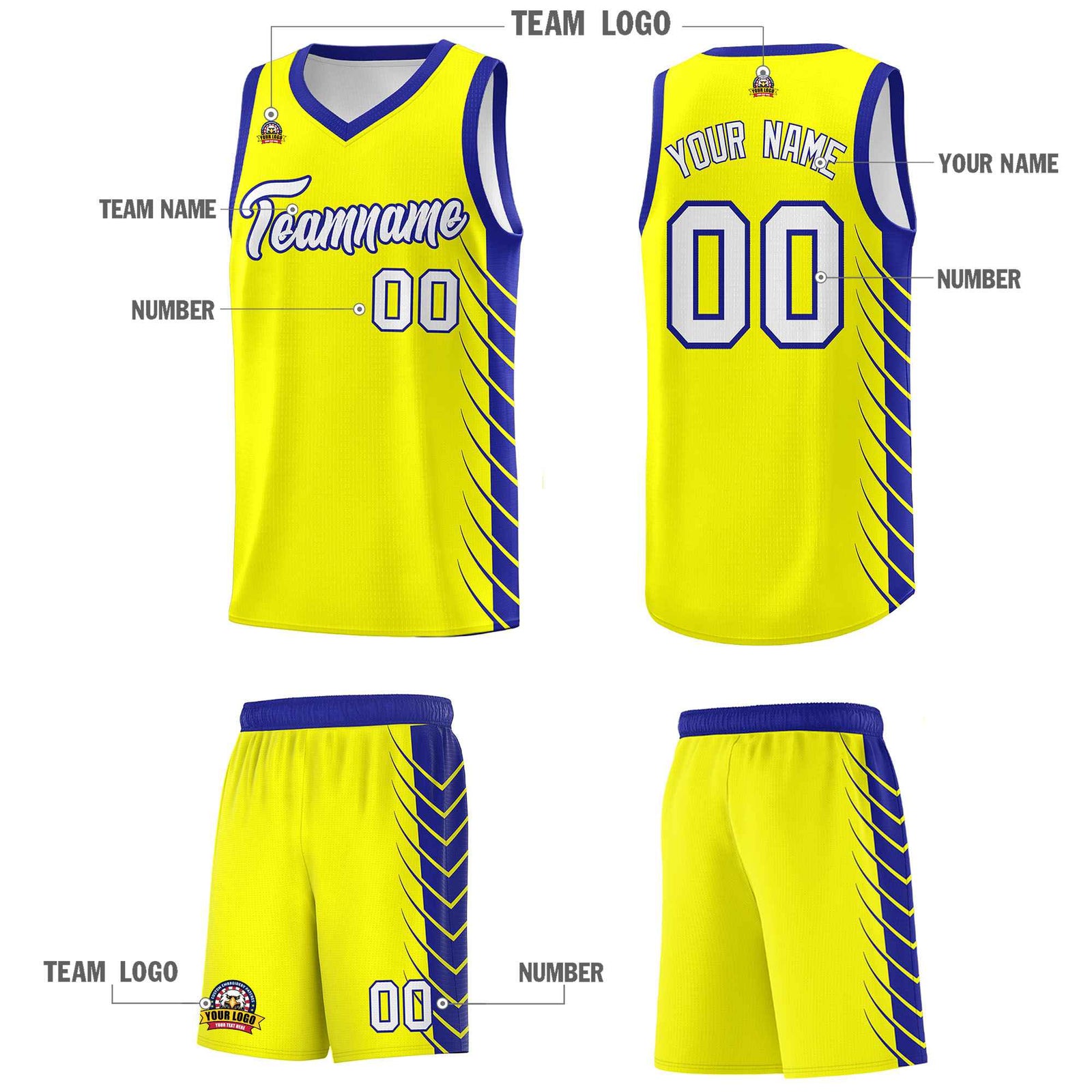 Custom Fluorescent Yellow Royal Personalized Side Symmetrical Line Pattern Sports Uniform Basketball Jersey
