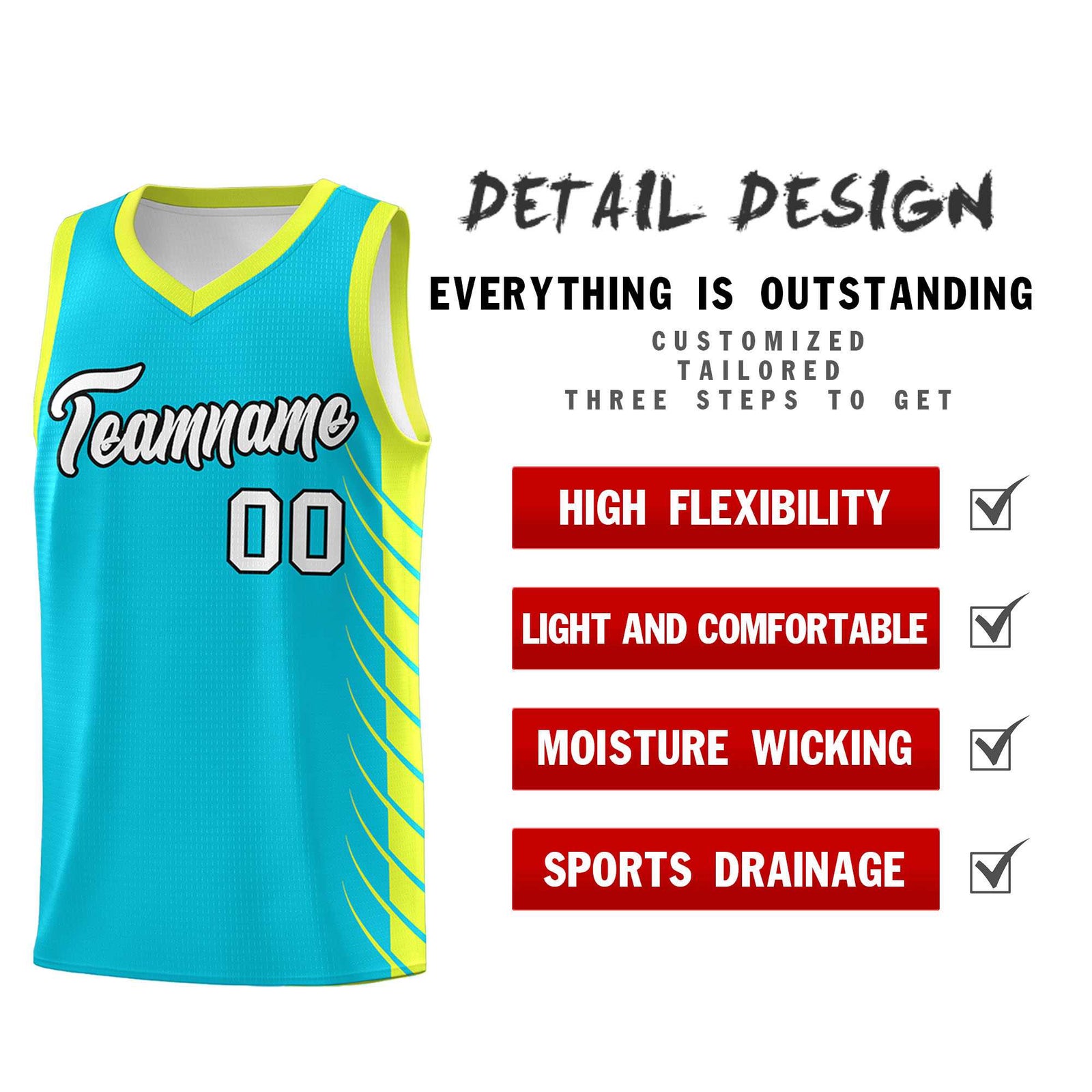 Custom Sky Blue Fluorescent Green Personalized Side Symmetrical Line Pattern Sports Uniform Basketball Jersey