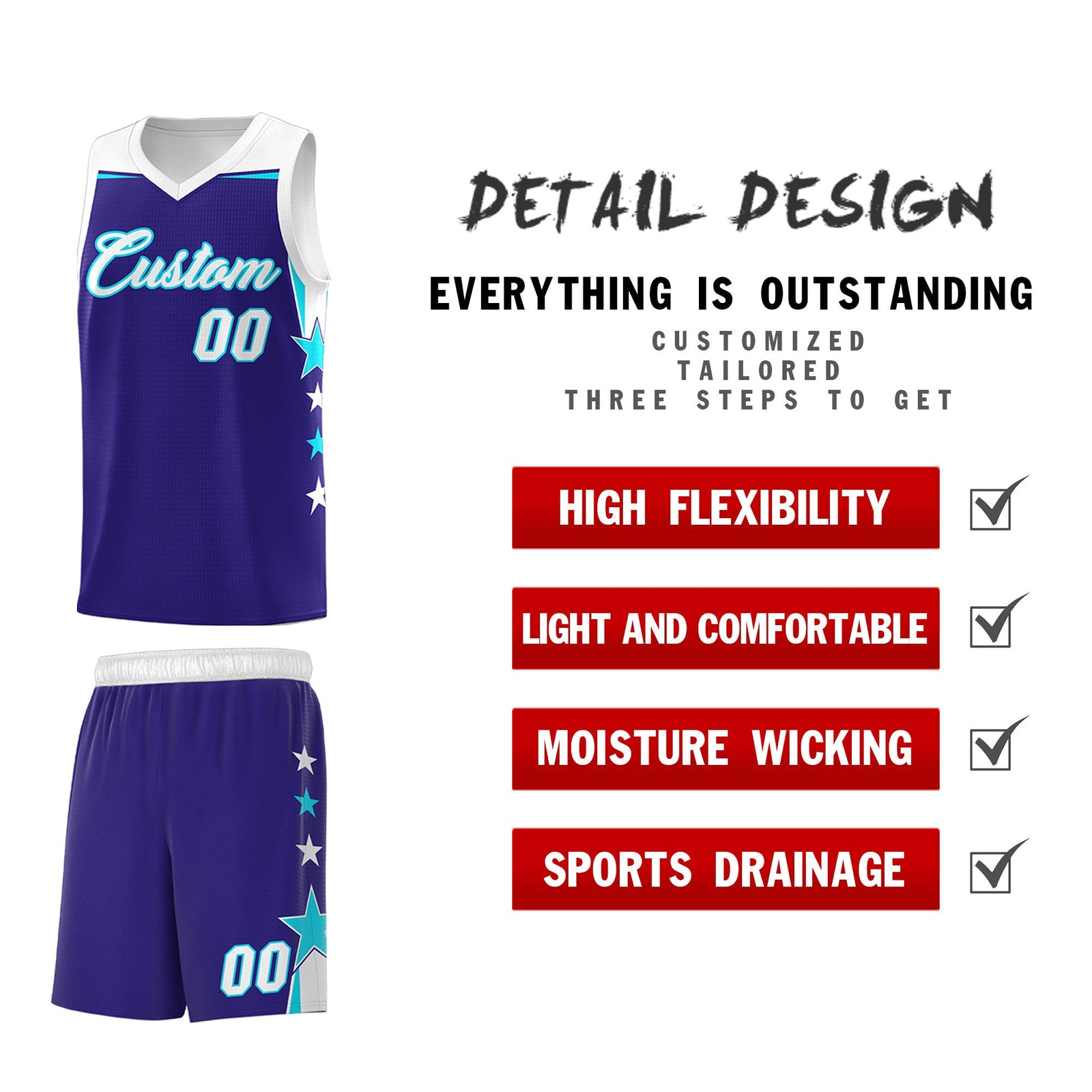 Custom Youth Basketball Uniform Royal White Two Tone Side Star Add Name Number & Logo