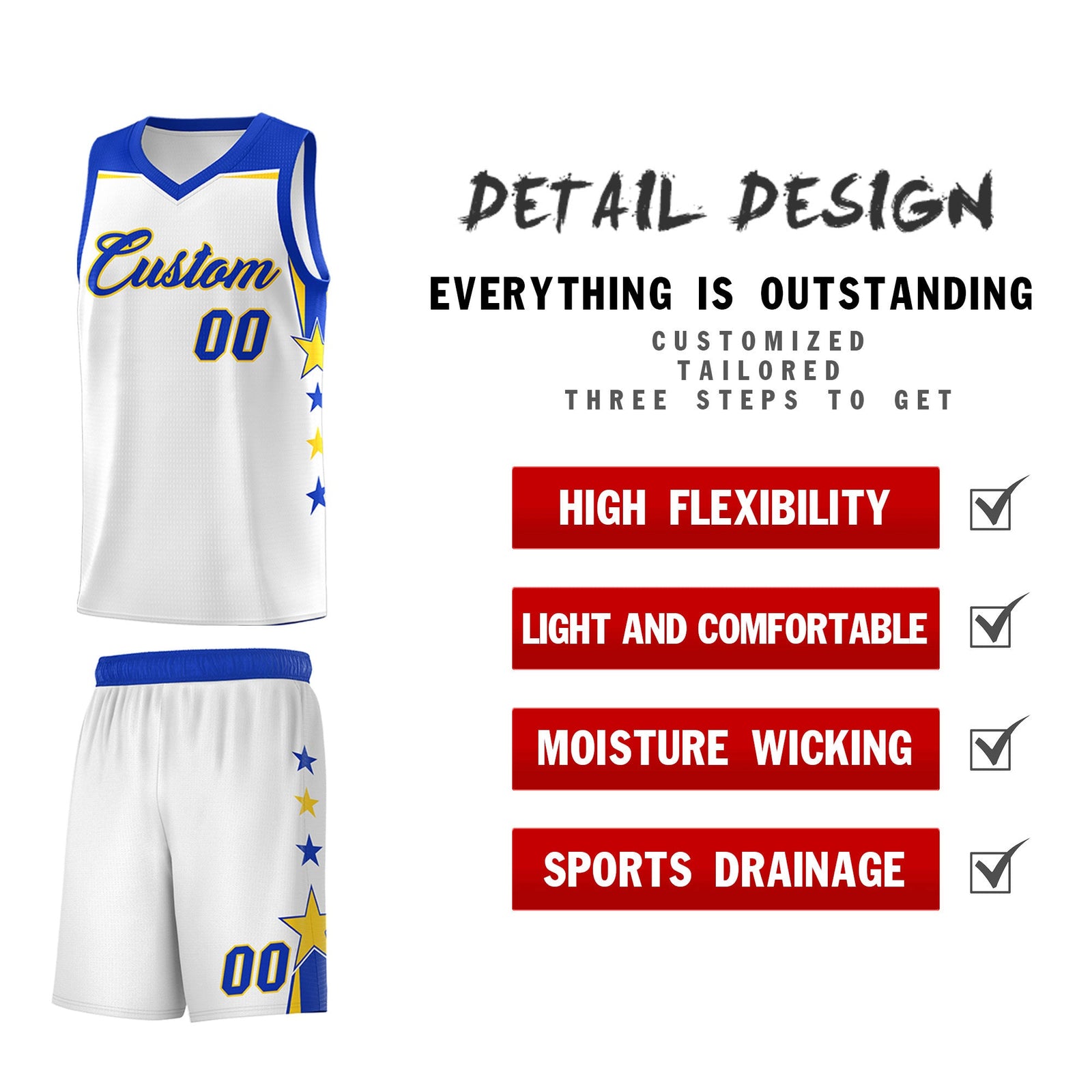 Custom Youth Basketball Uniform White Royal Two Tone Side Star Color Block Team Jersey