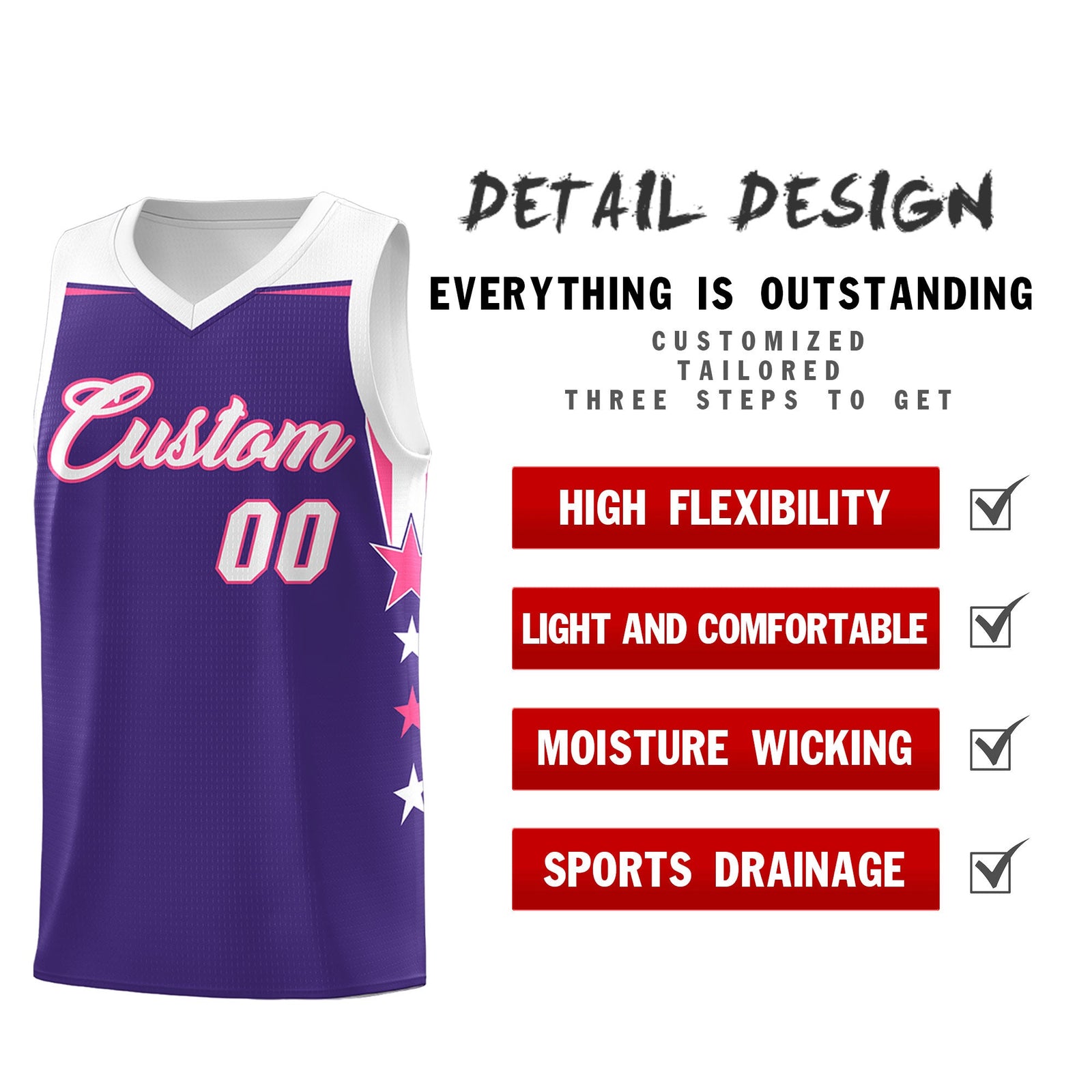 Custom Youth Basketball Uniform Purple White Two Tone Side Star Personalized Team Jersey