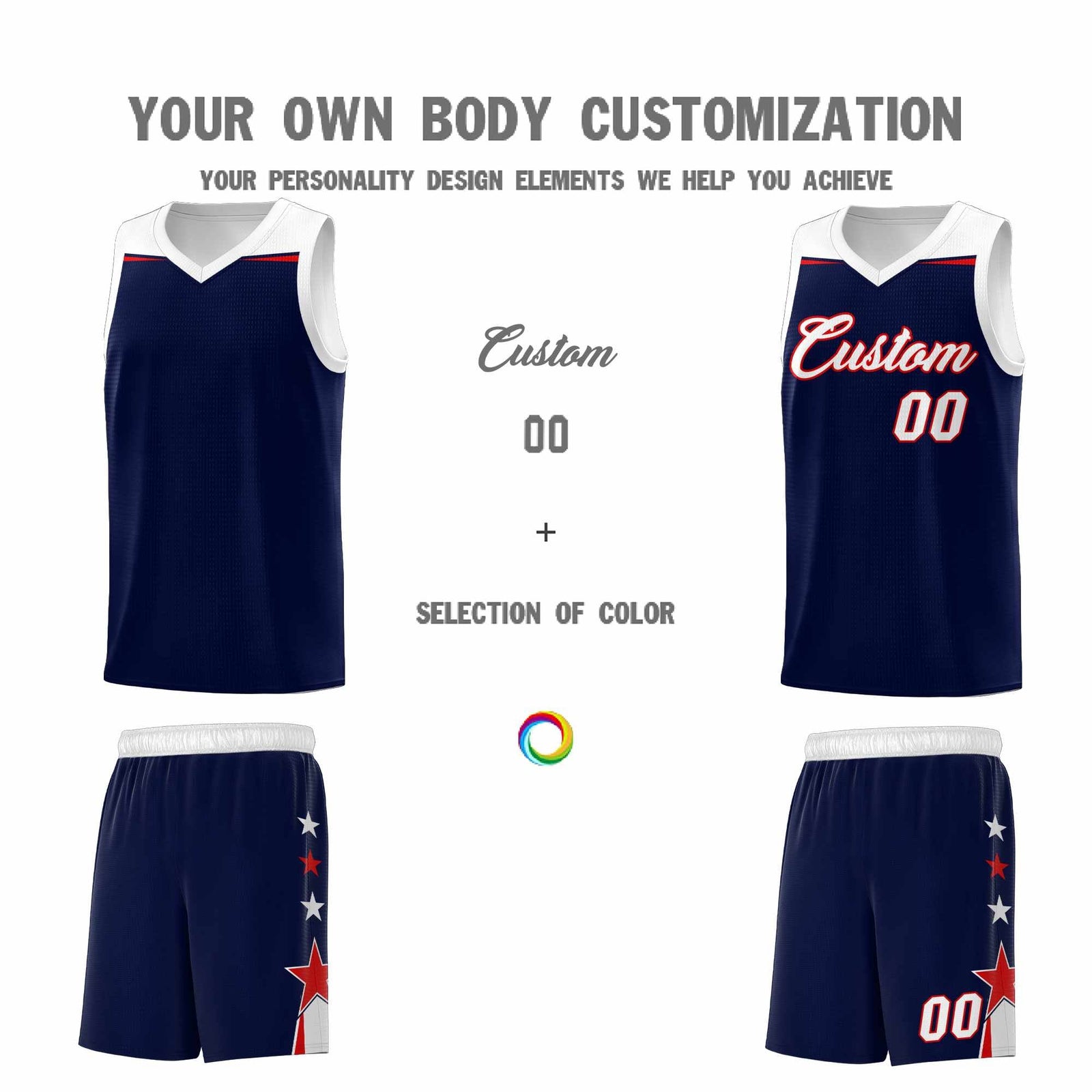 Custom Youth Basketball Uniform Navy White Two Tone Side Star Add Name Number & Logo