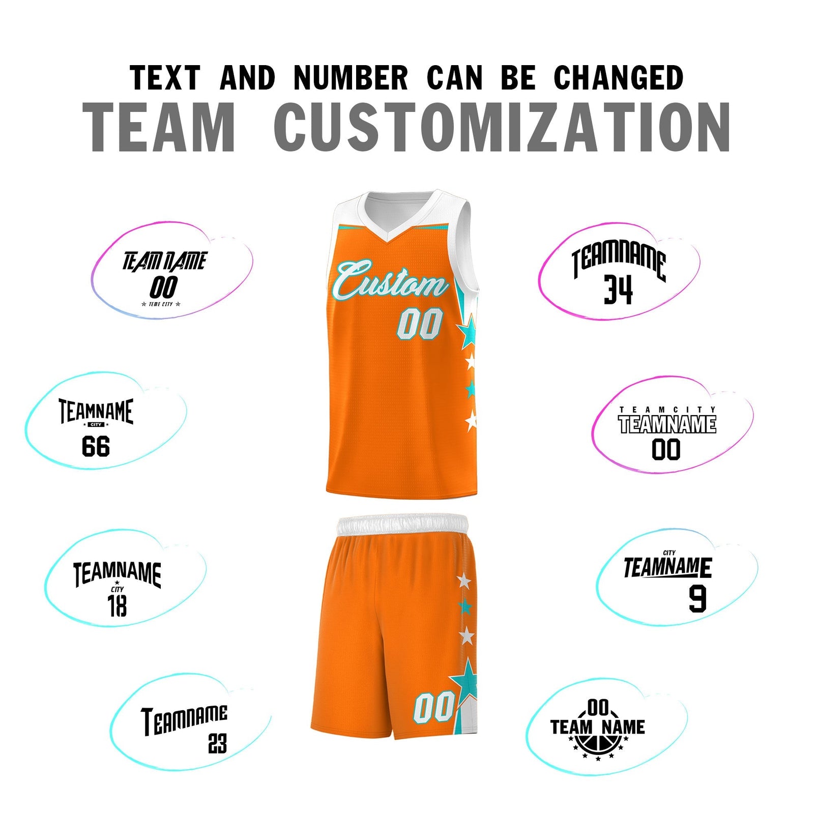 Custom Youth Basketball Uniform Orange White Two Tone Side Star Add Name Number & Logo