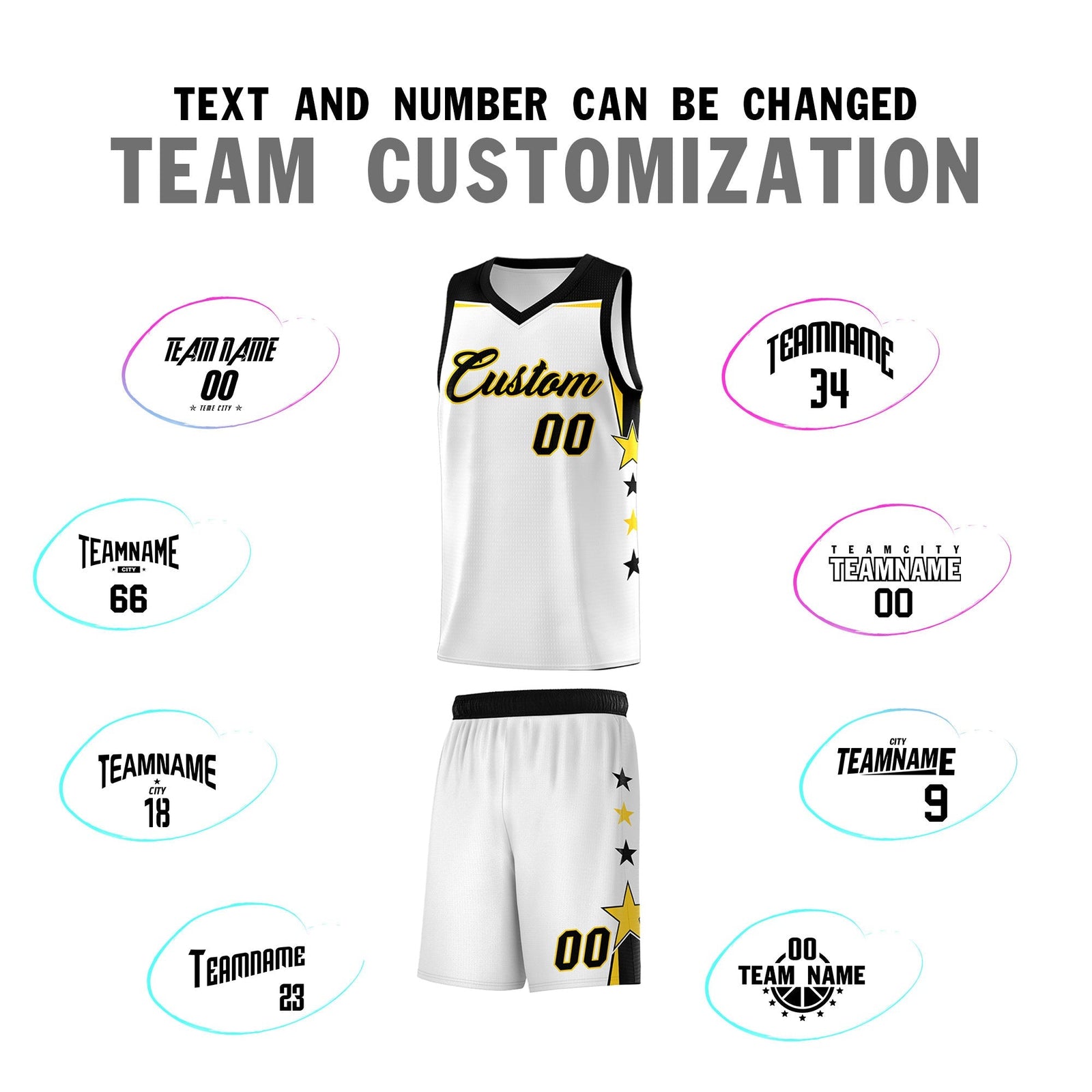 Custom Youth Basketball Uniform White Black Two Tone Side Star Color Block Team Jersey