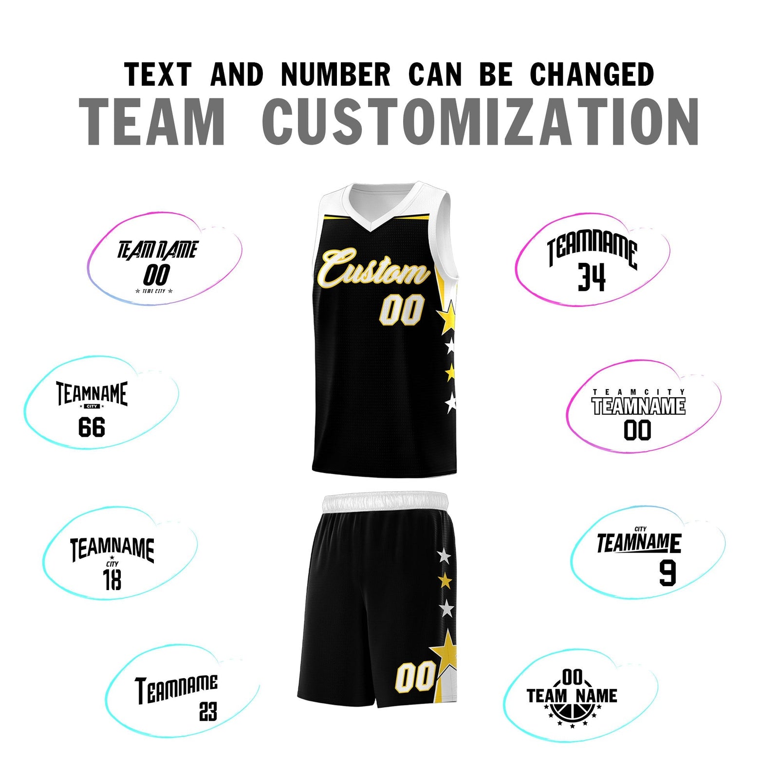 Custom Youth Basketball Uniform Black White Two Tone Side Star Add Name Number & Logo