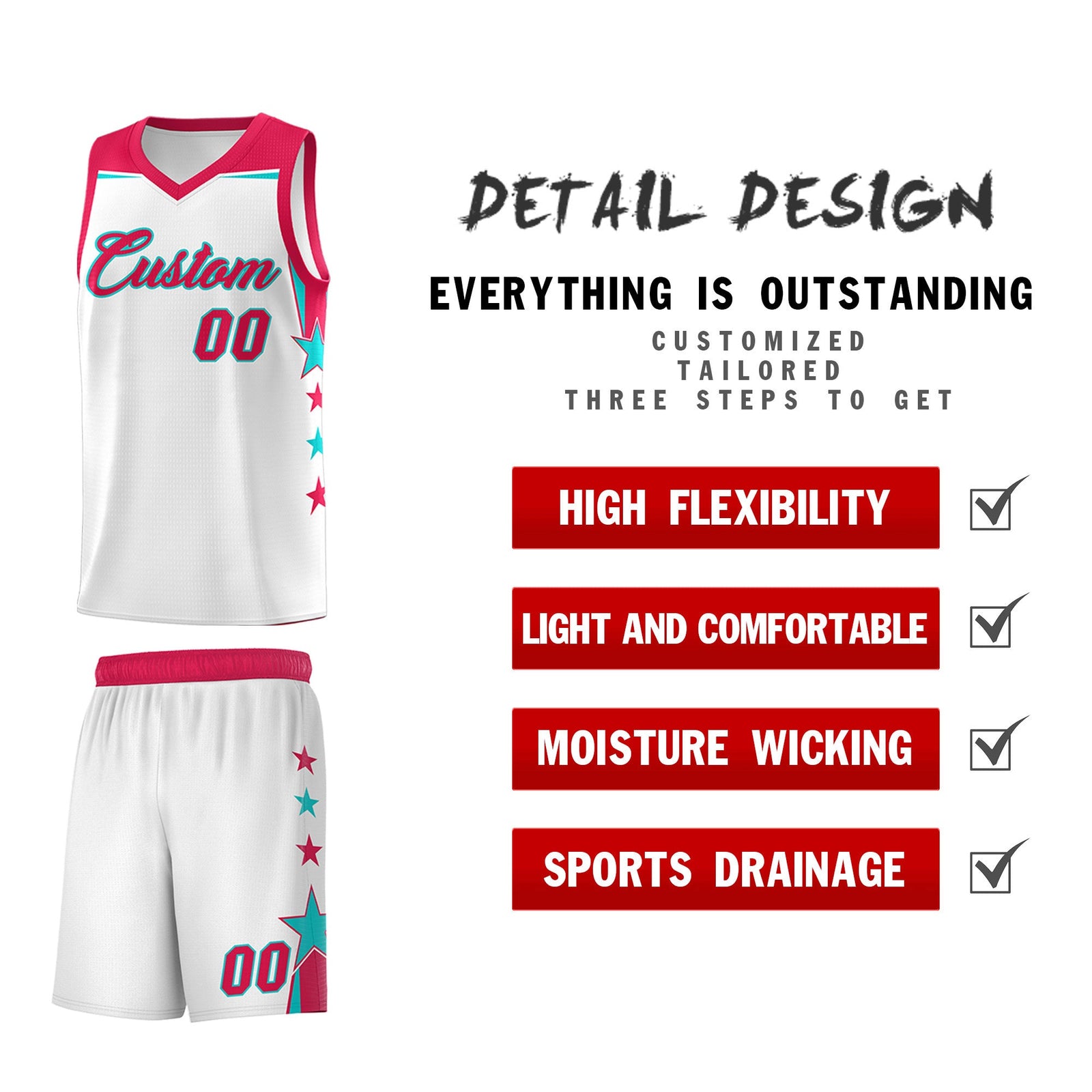 Custom Youth Basketball Uniform White Red Two Tone Side Star Color Block Team Jersey