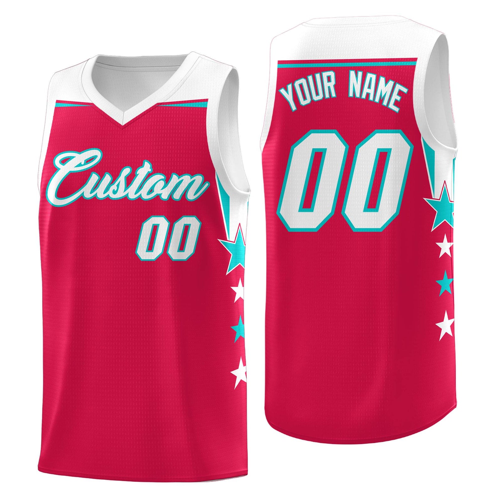 Custom Youth Basketball Uniform Red White Two Tone Side Star Add Name Number & Logo
