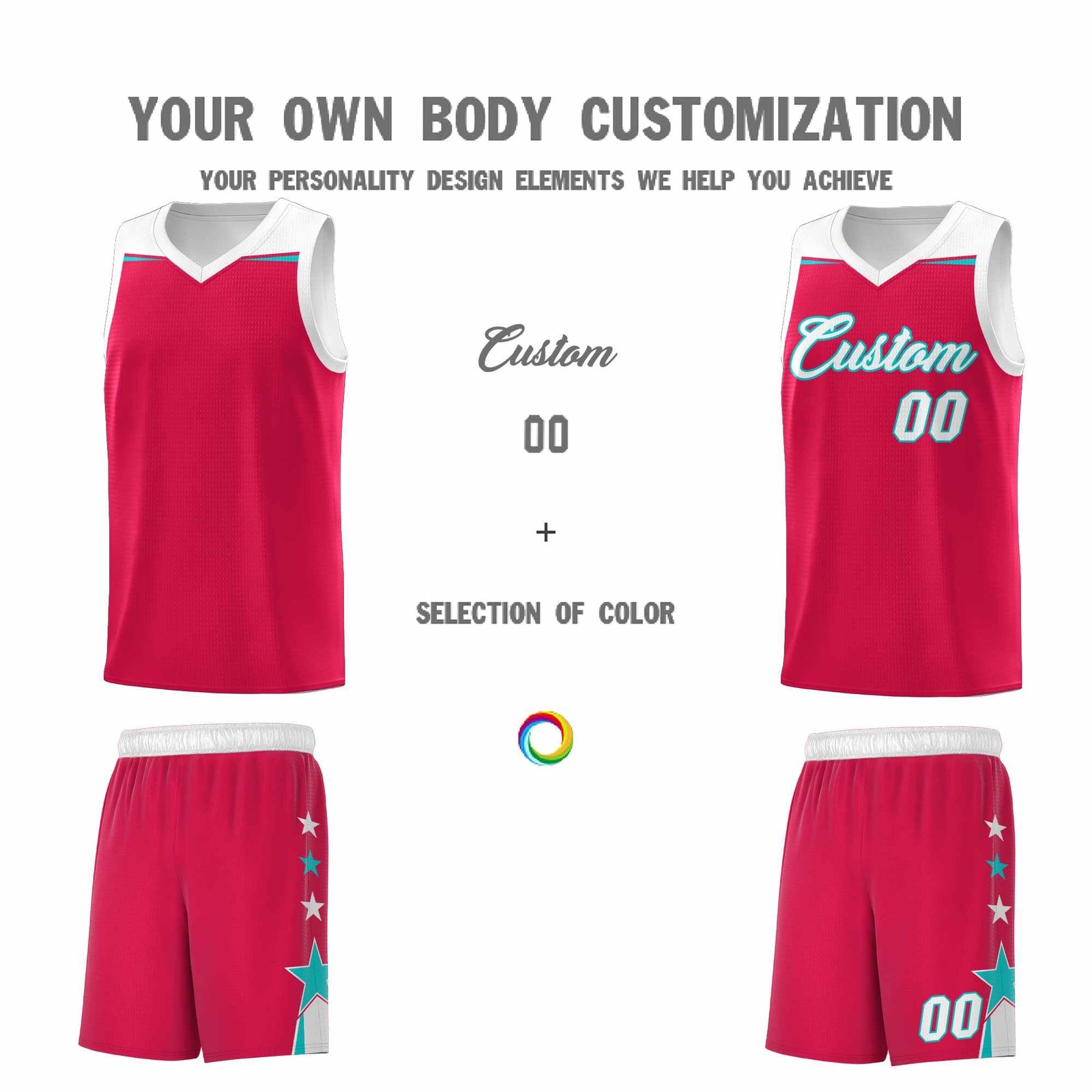Custom Youth Basketball Uniform Red White Two Tone Side Star Add Name Number & Logo