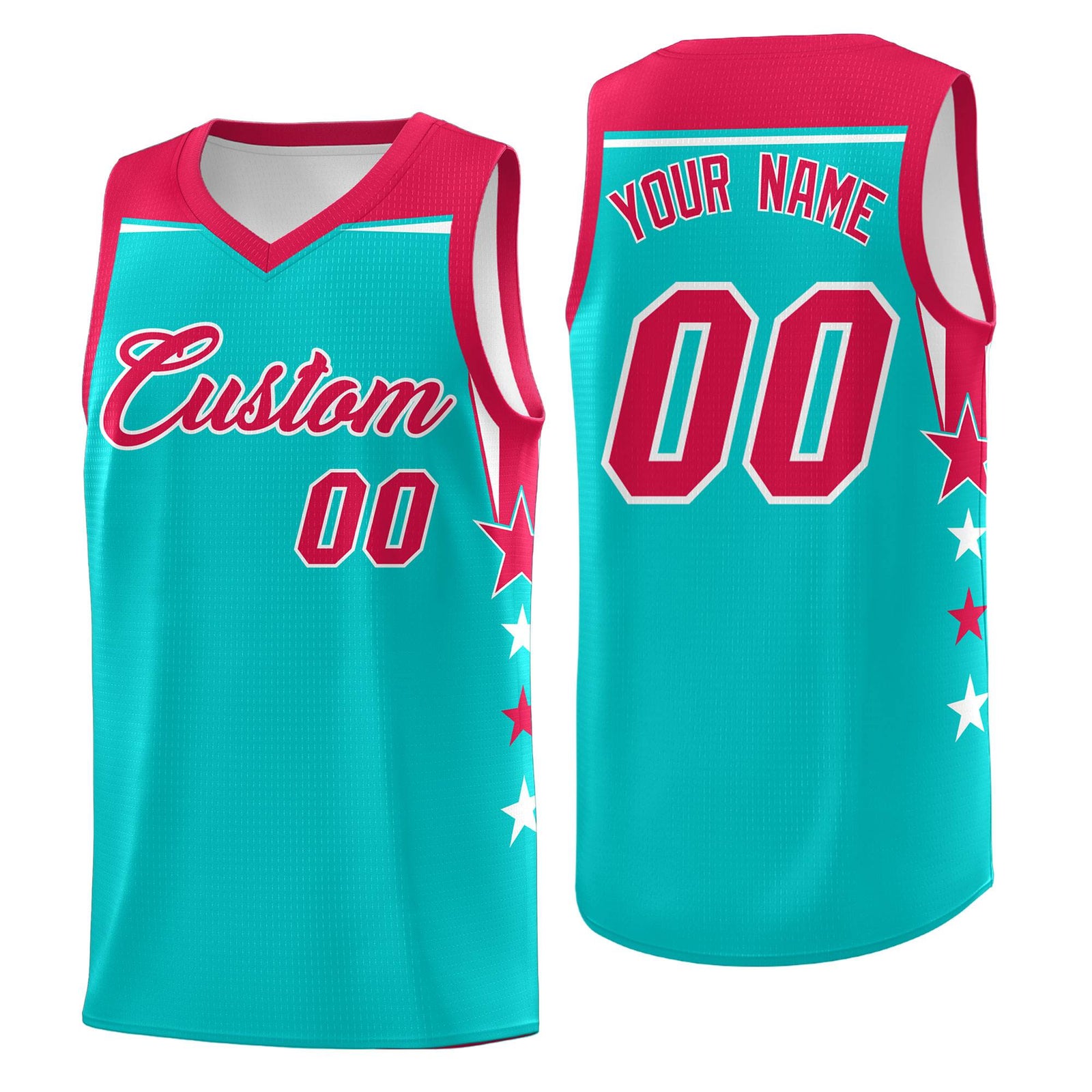 Custom Youth Basketball Uniform Aqua Red Two Tone Side Star Personalized Team Jersey