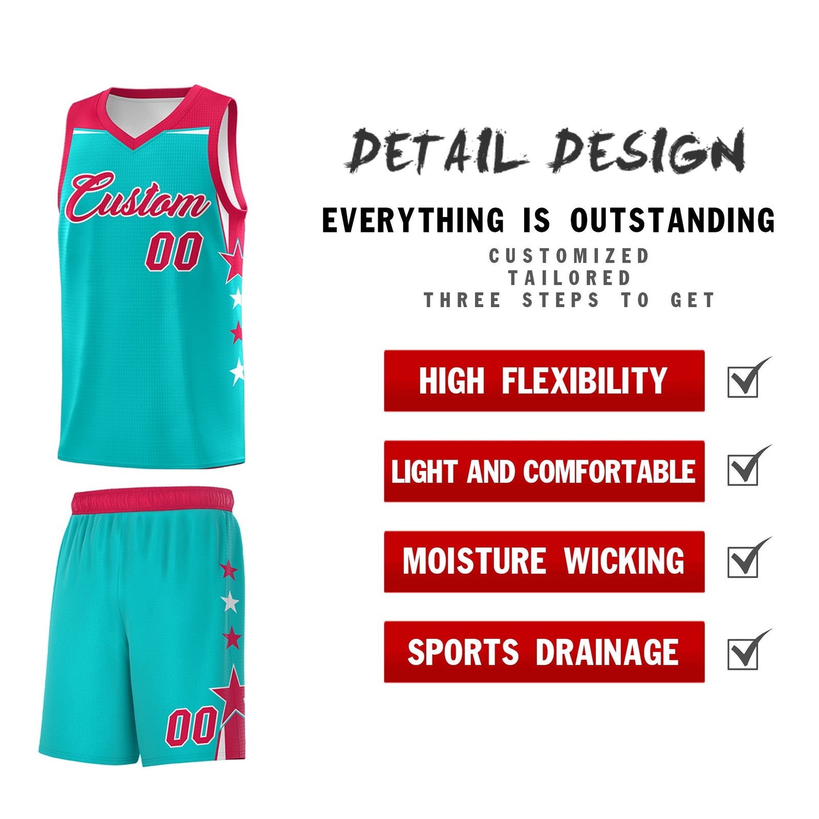 Custom Youth Basketball Uniform Aqua Red Two Tone Side Star Personalized Team Jersey