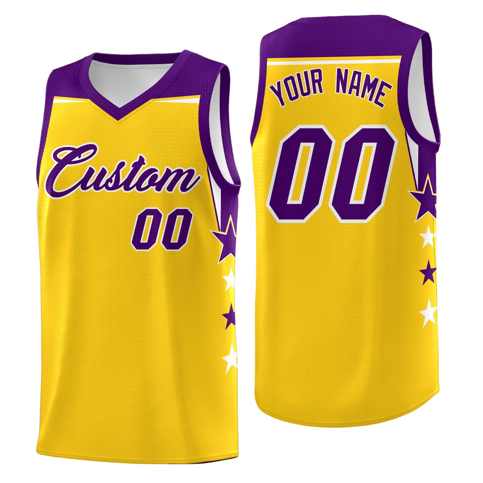 Custom Youth Basketball Uniform Gold Purple Two Tone Side Star Personalized Team Jersey