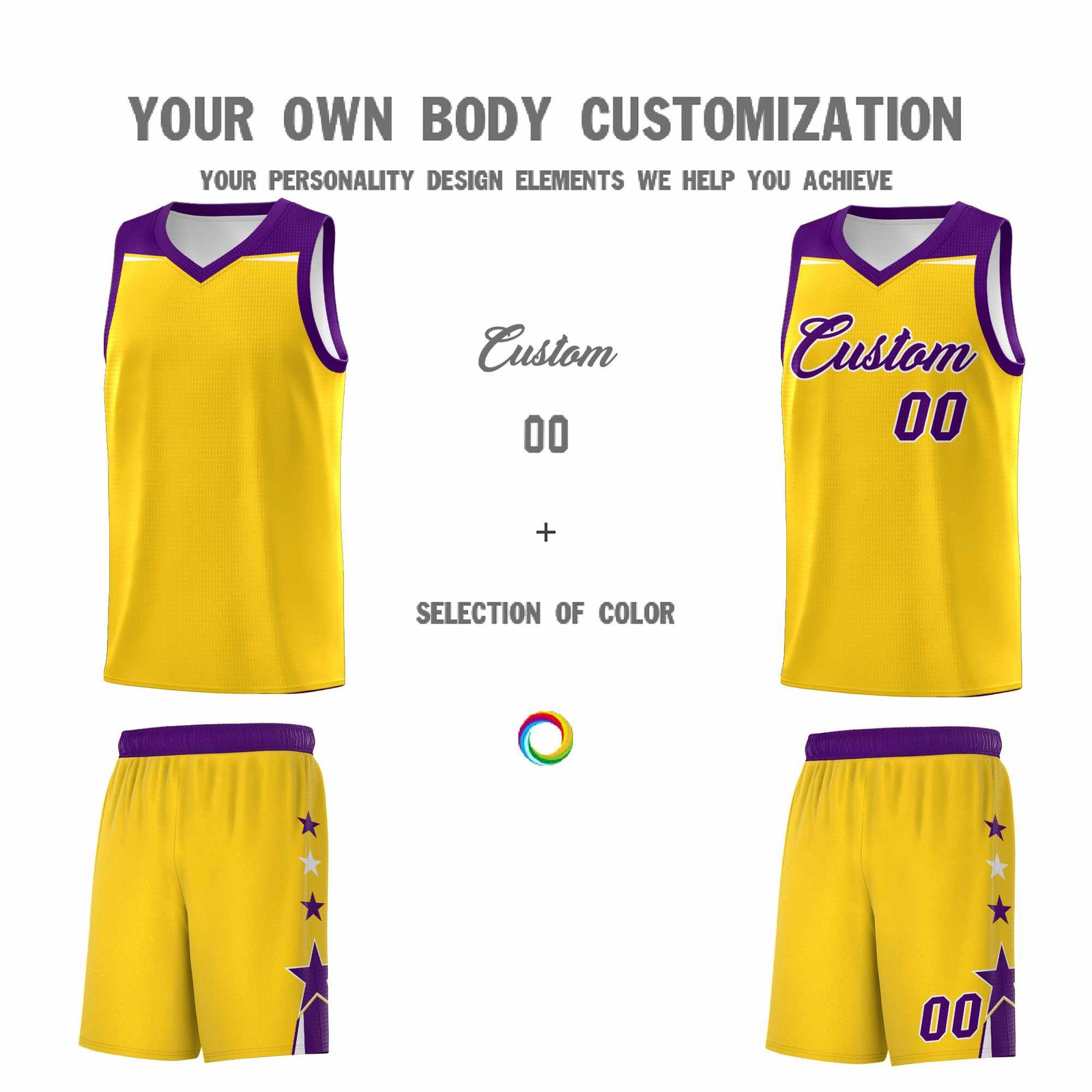 Custom Youth Basketball Uniform Gold Purple Two Tone Side Star Personalized Team Jersey