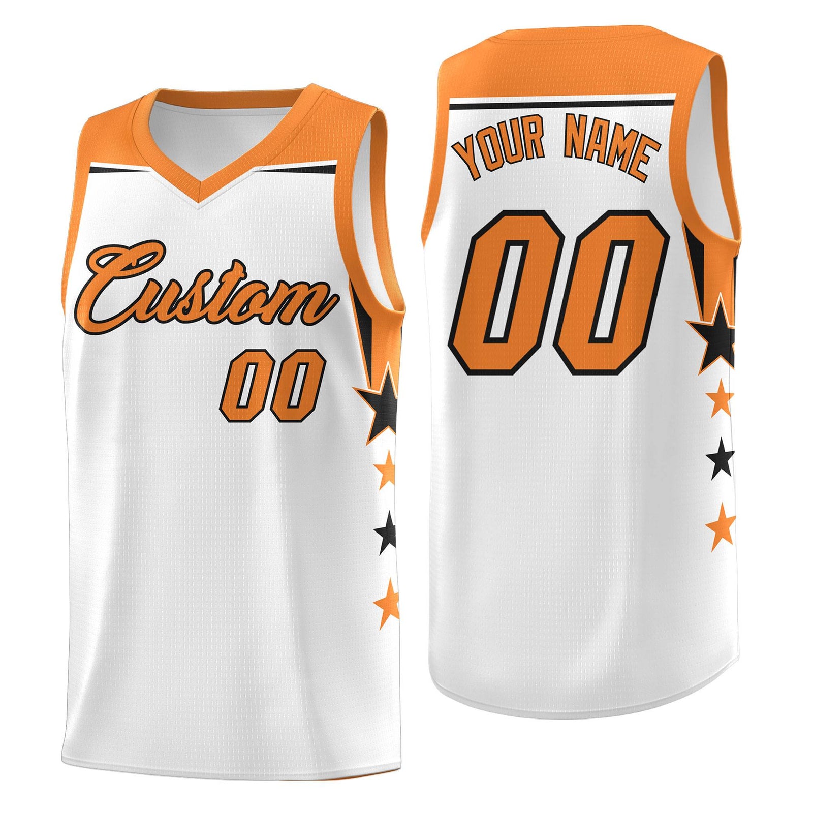Custom Youth Basketball Uniform White Gold Orange Two Tone Side Star Color Block Team Jersey