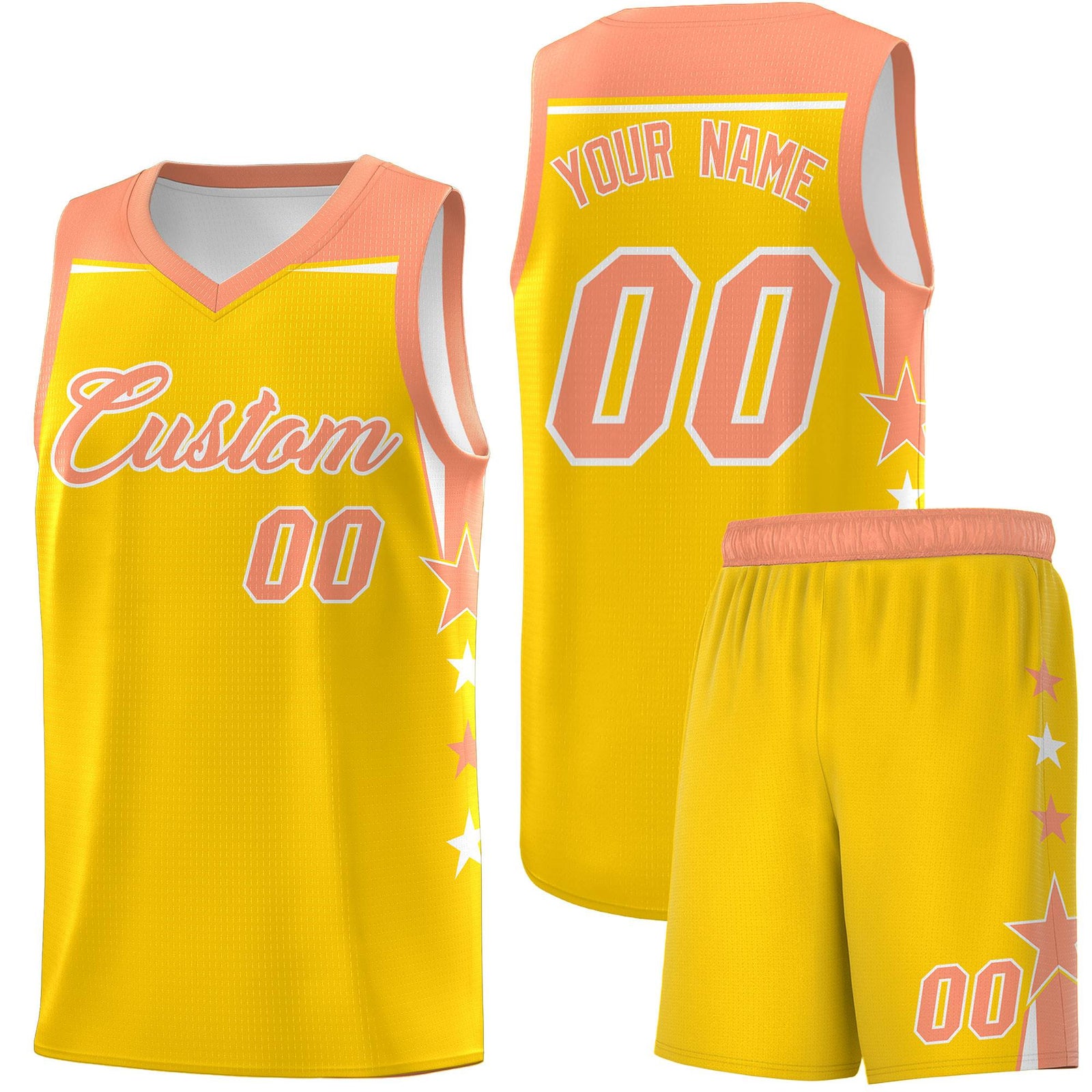 Custom Youth Basketball Uniform Gold Light Orange Two Tone Side Star Color Block Team Jersey