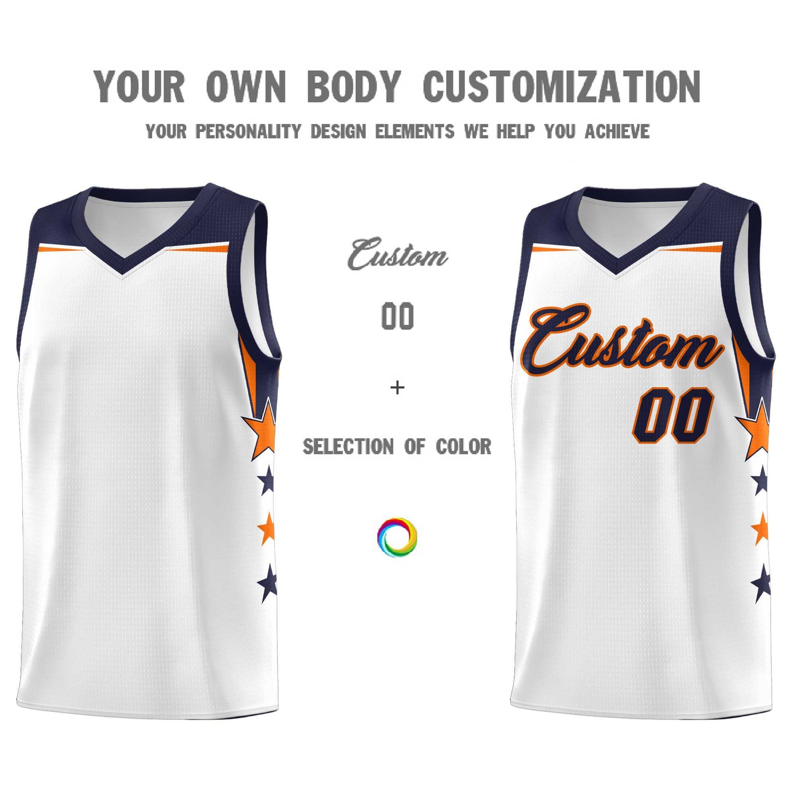 Custom Youth Basketball Uniform White Navy Two Tone Side Star Add Name Number & Logo