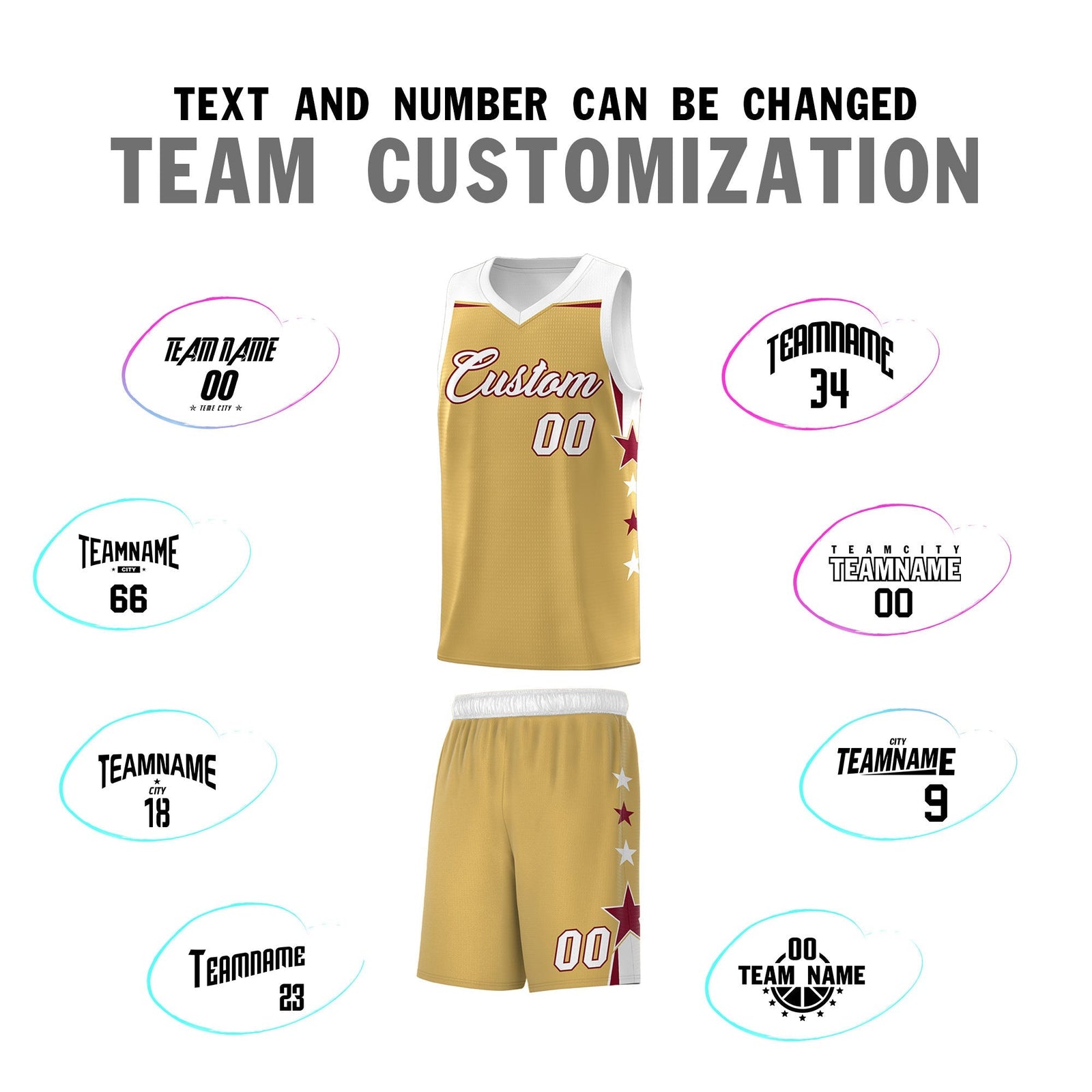 Custom Youth Basketball Uniform Old Gold White Two Tone Side Star Personalized Team Jersey
