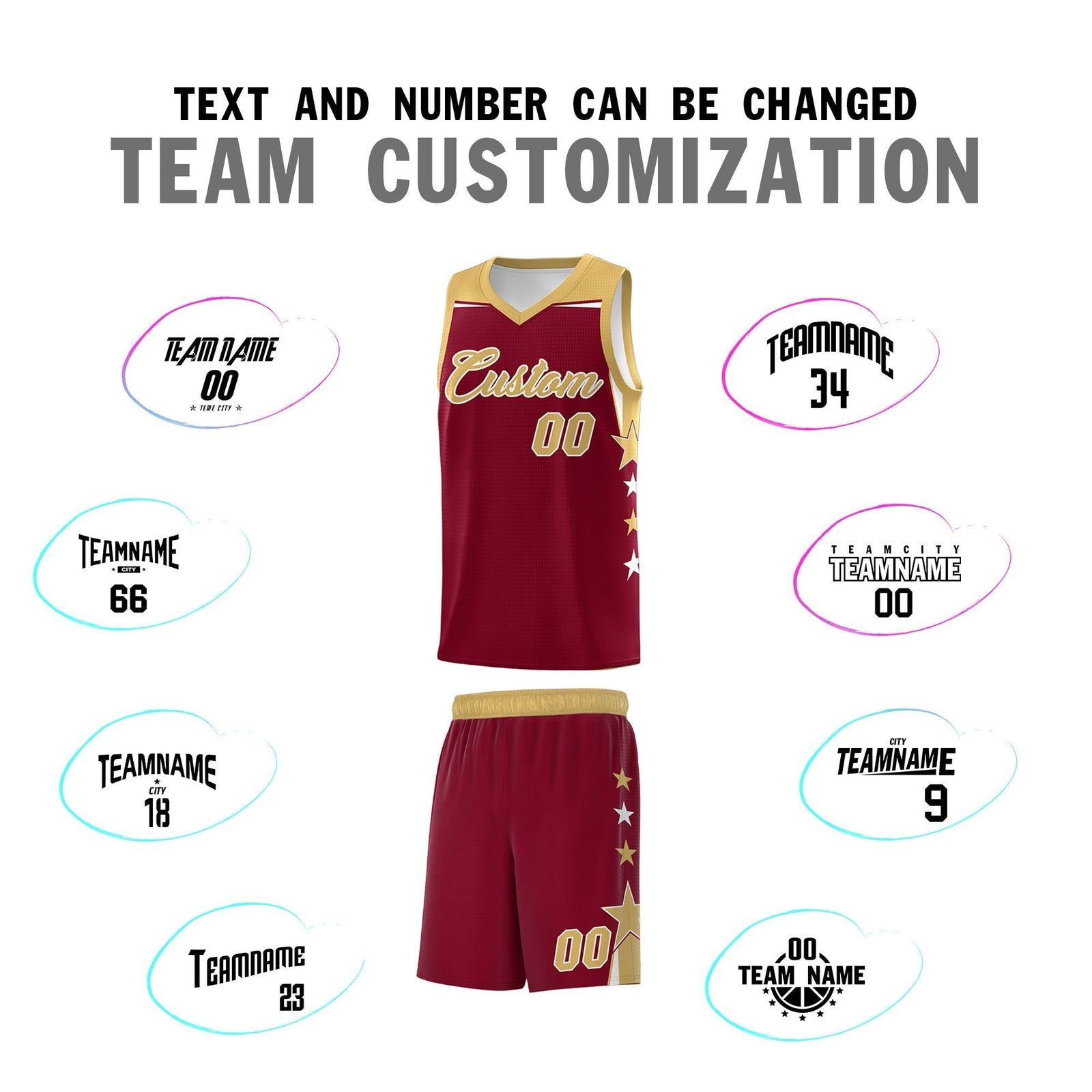 Custom Youth Basketball Uniform Crimson Old Gold Two Tone Side Star Color Block Team Jersey