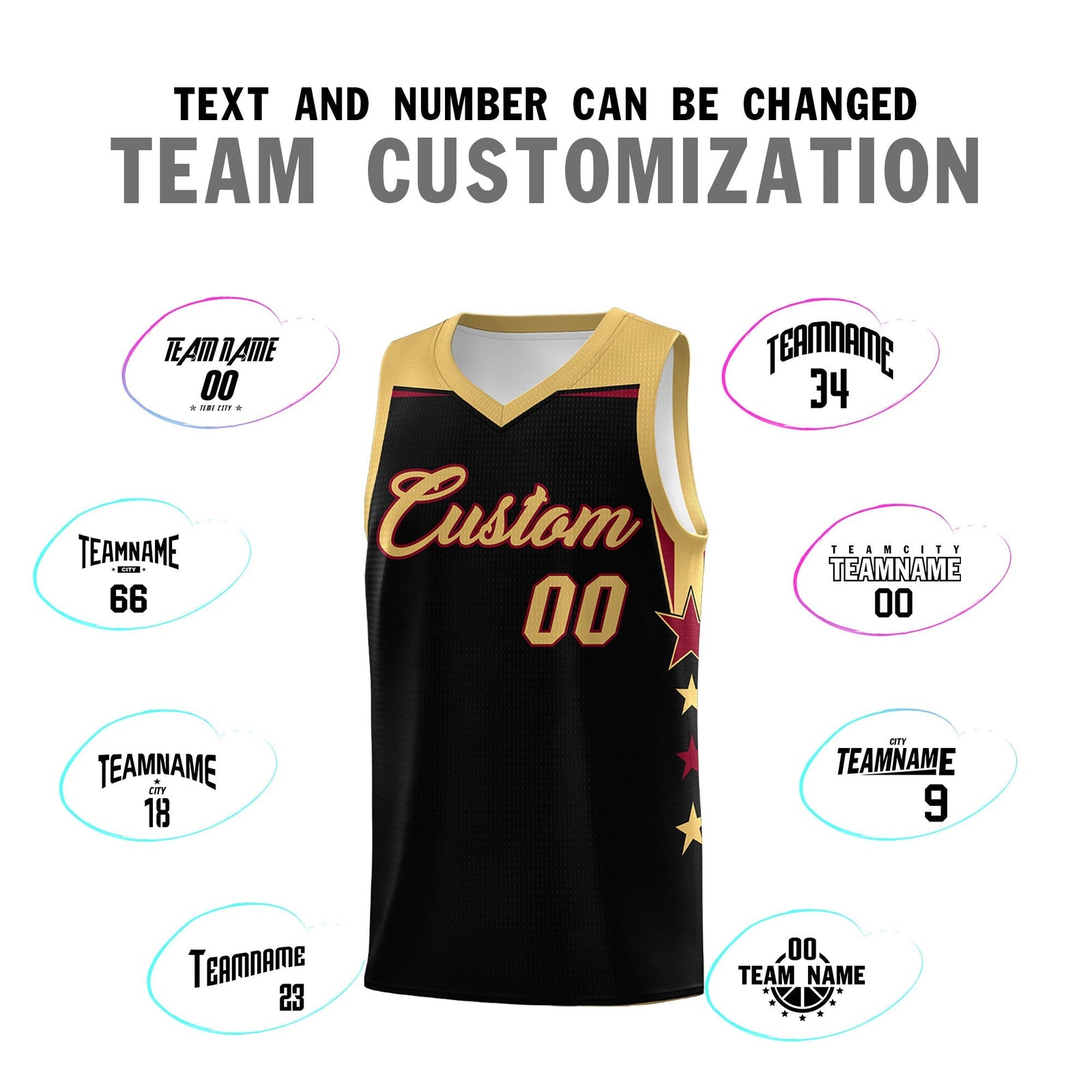 Custom Youth Basketball Uniform Black Old Gold Two Tone Side Star Add Name Number & Logo