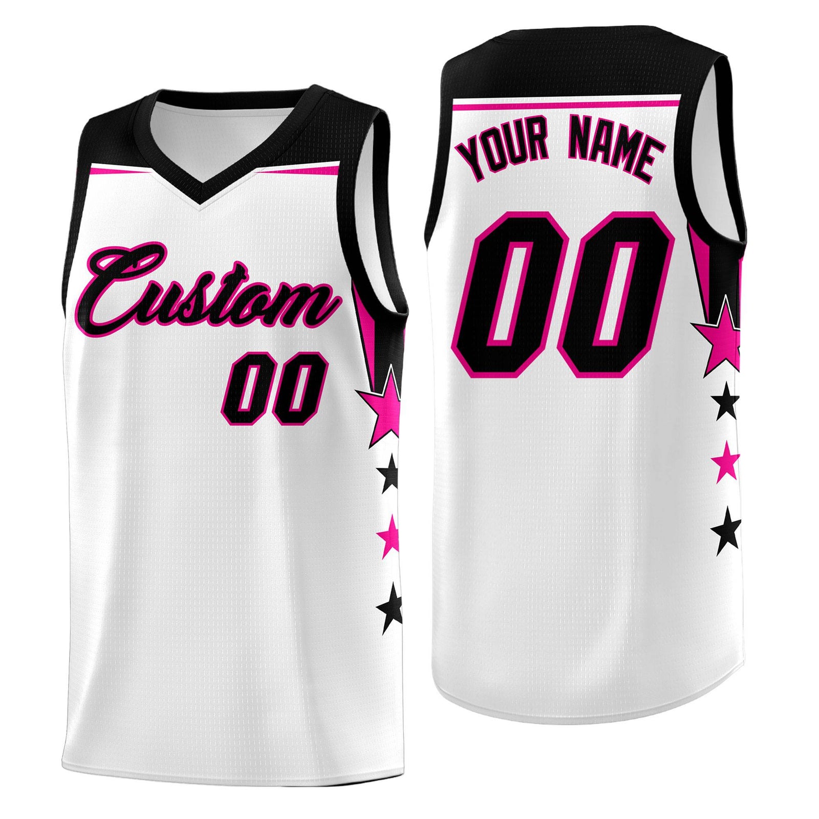 Custom Youth Basketball Uniform White Black Two Tone Side Star Add Name Number & Logo