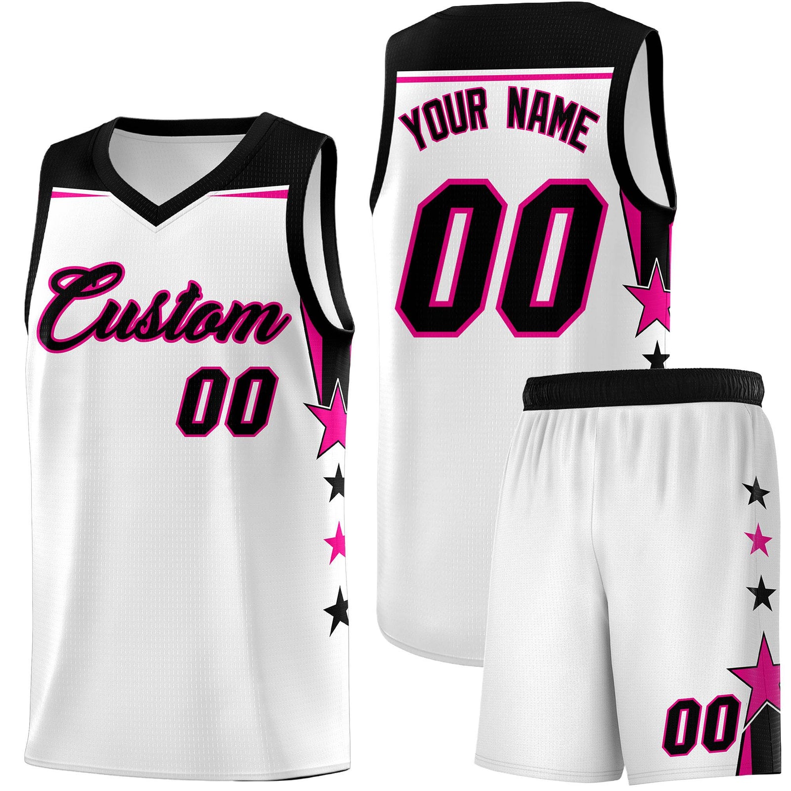 Custom Youth Basketball Uniform White Black Two Tone Side Star Add Name Number & Logo