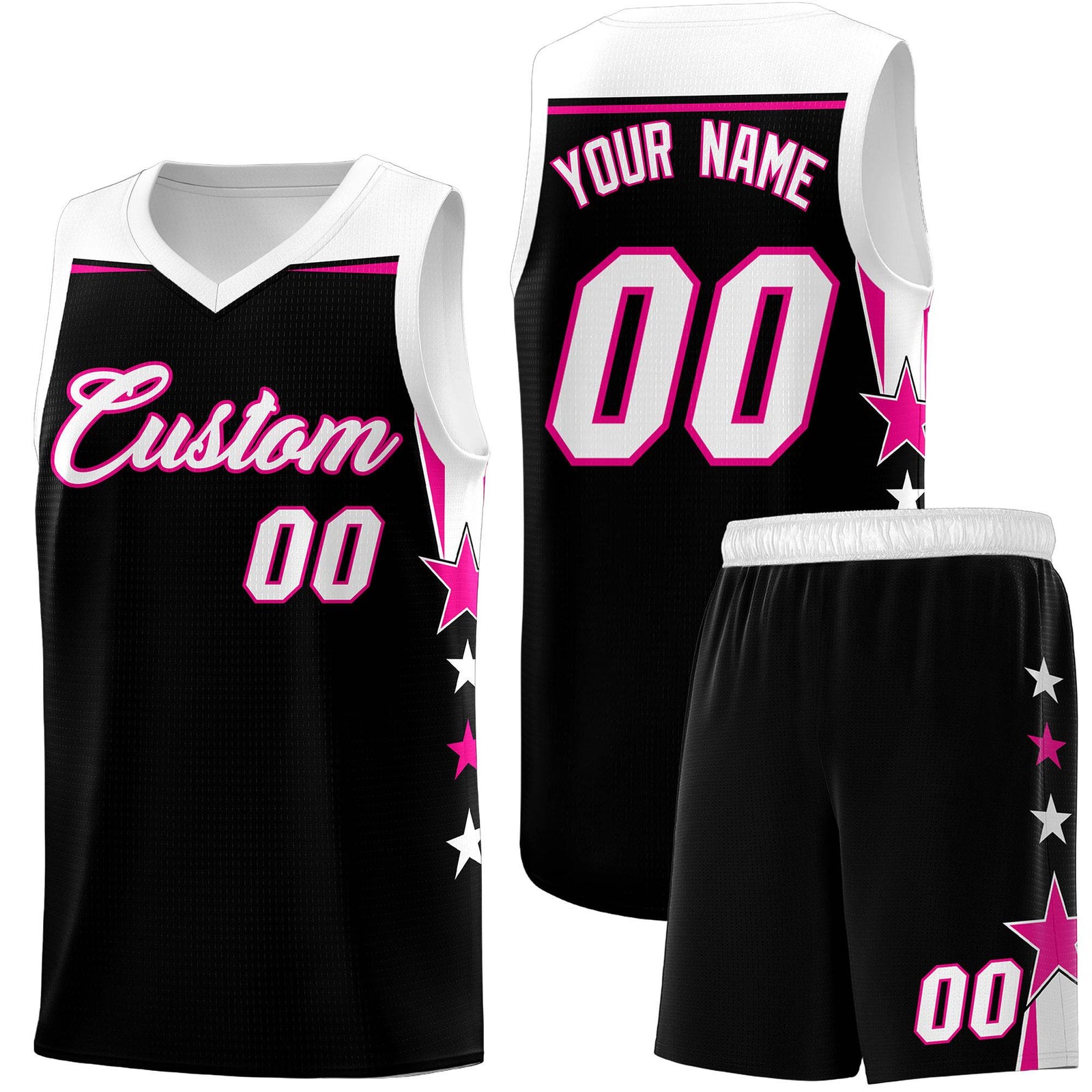 Custom Youth Basketball Uniform Black White Two Tone Side Star Personalized Team Jersey