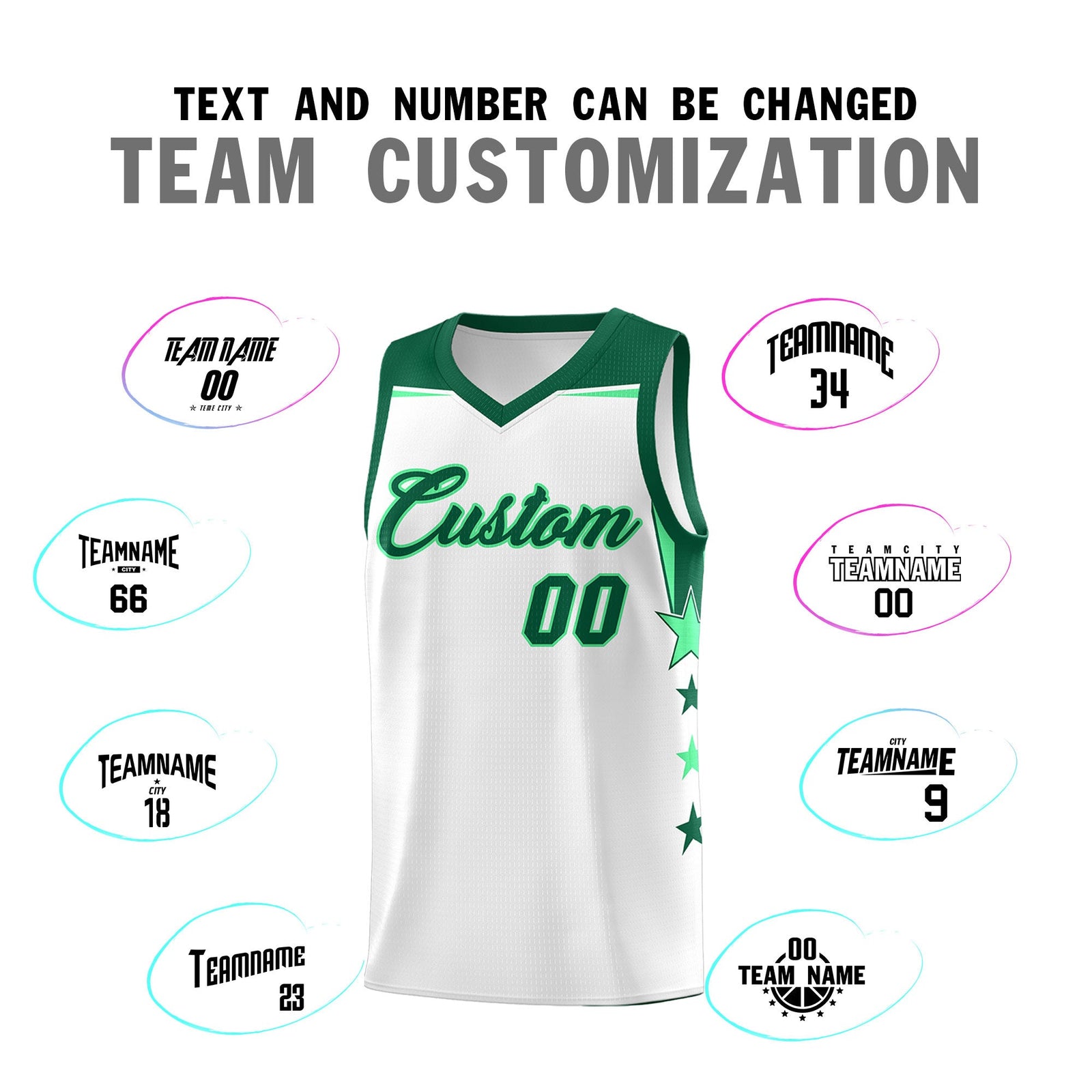 Custom Youth Basketball Uniform White Kelly Green Two Tone Side Star Add Name Number & Logo
