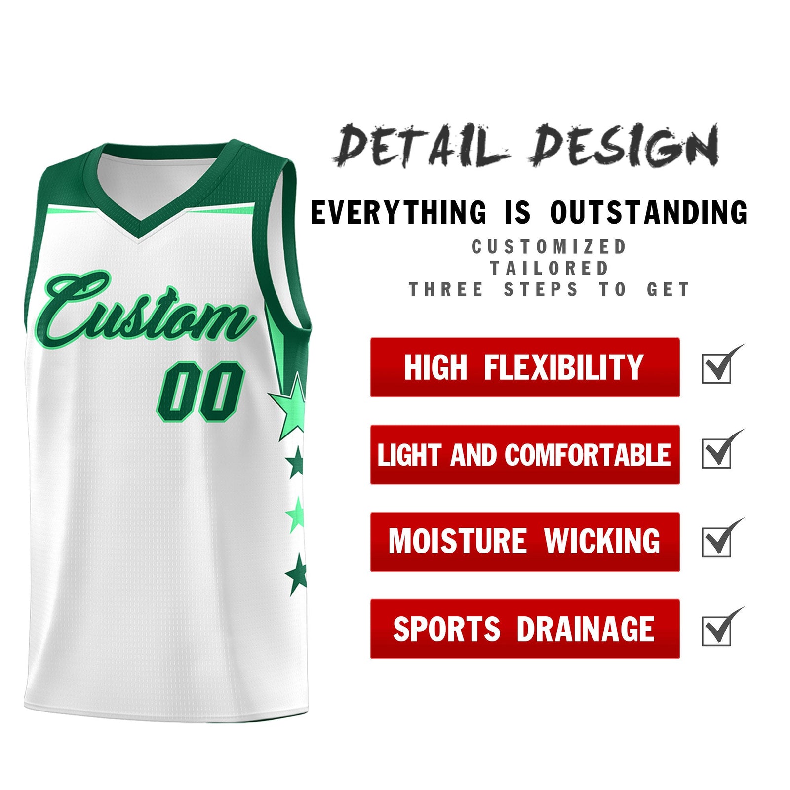 Custom Youth Basketball Uniform White Kelly Green Two Tone Side Star Add Name Number & Logo