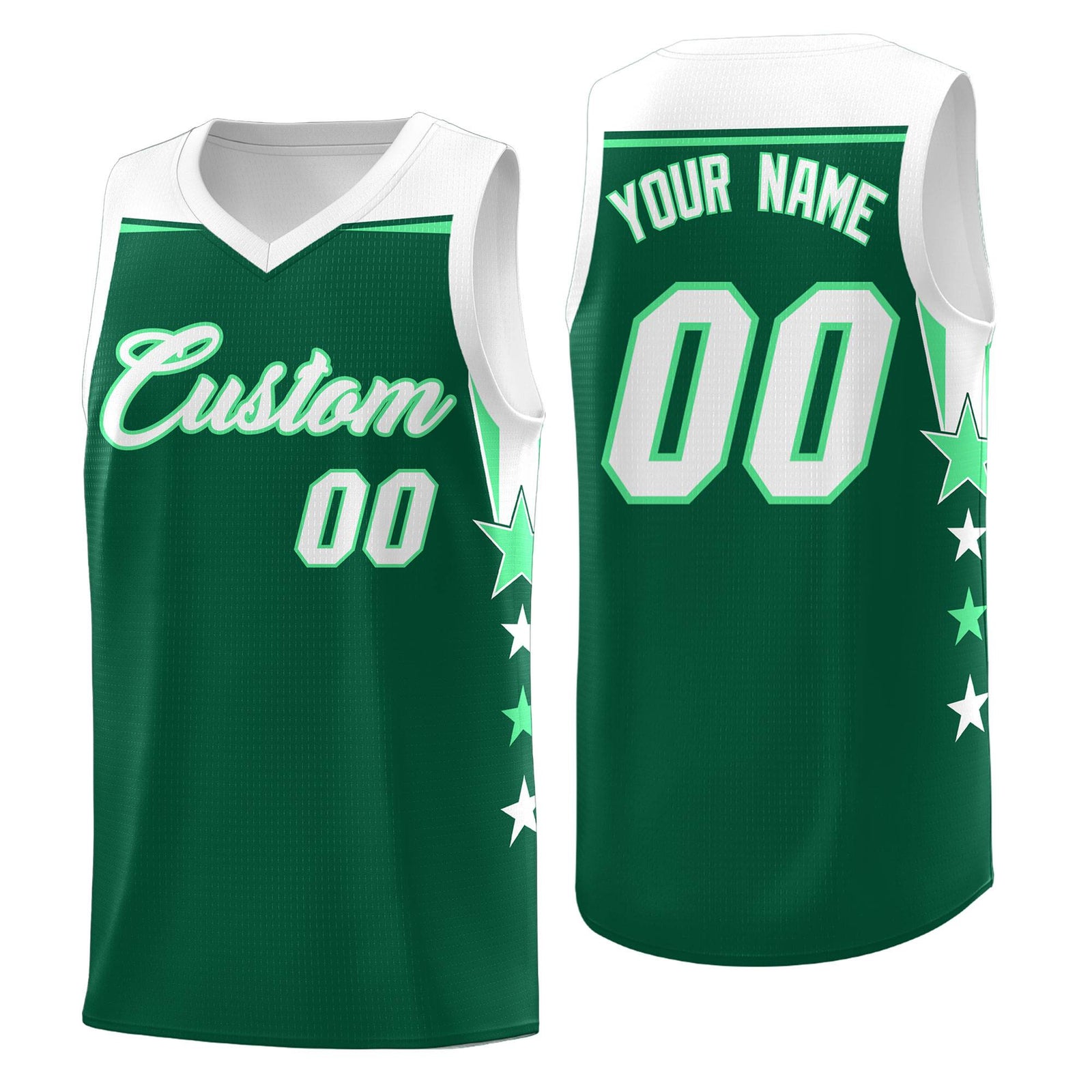 Custom Youth Basketball Uniform Kelly Green White Two Tone Side Star Personalized Team Jersey