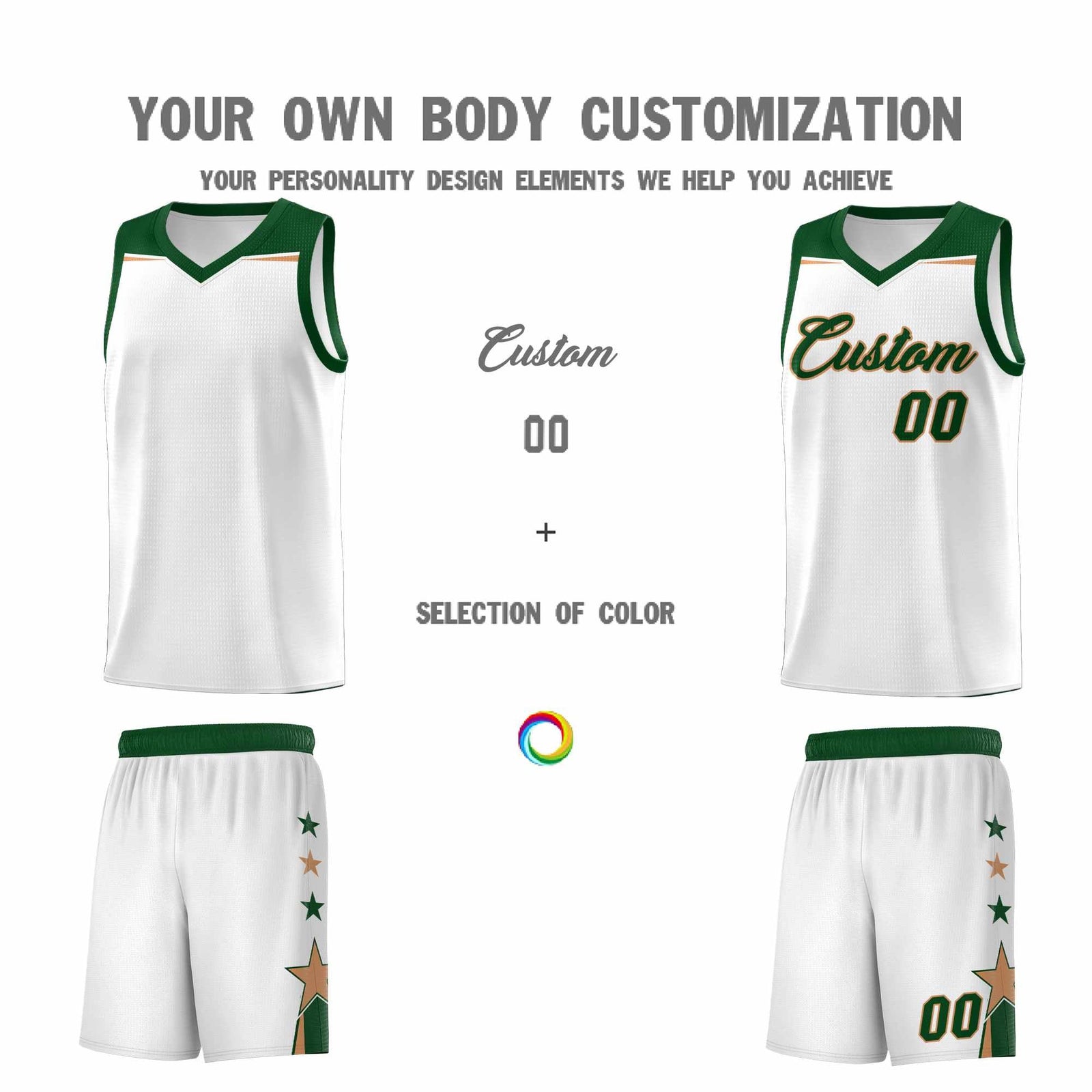 Custom Youth Basketball Uniform White Green Two Tone Side Star Add Name Number & Logo
