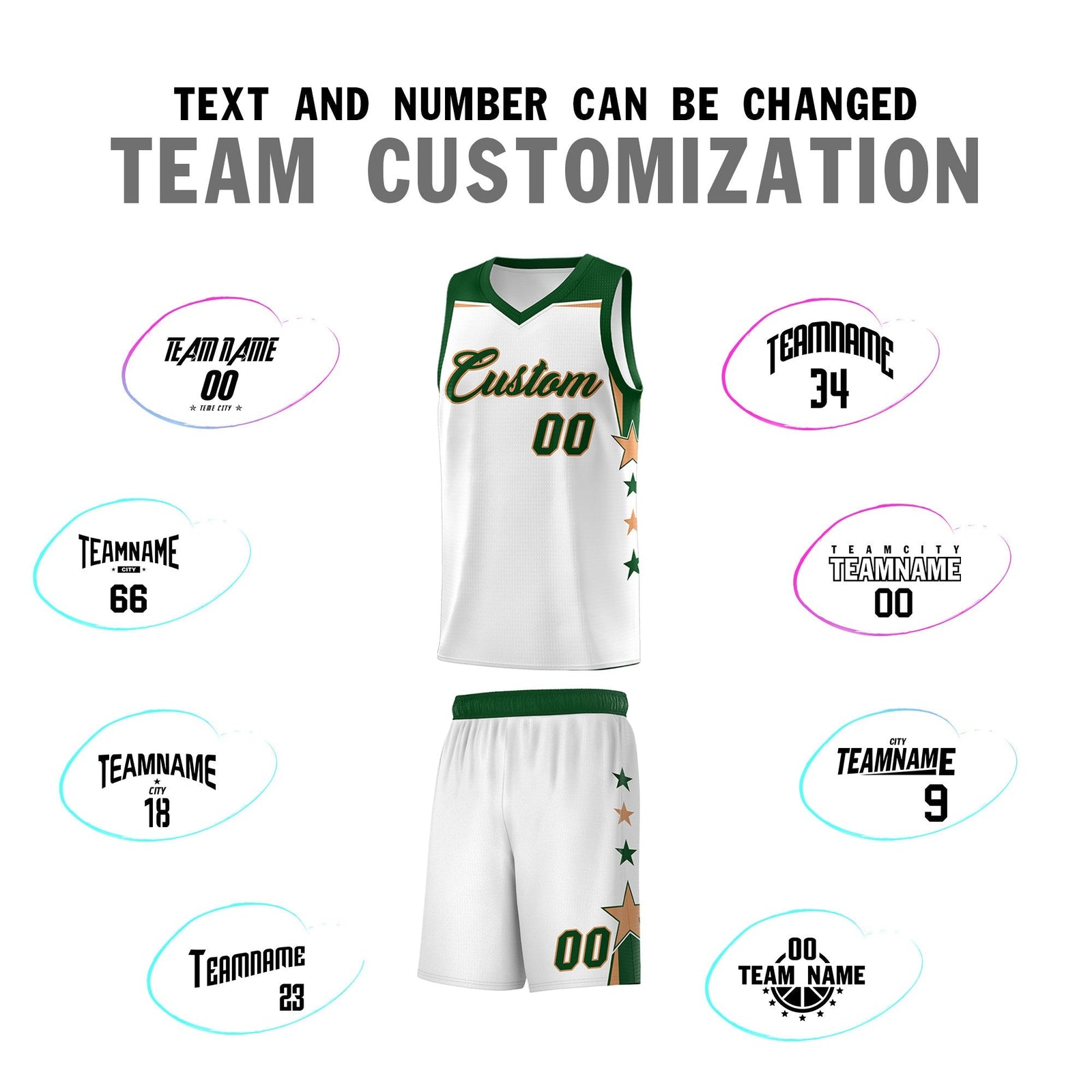 Custom Youth Basketball Uniform White Green Two Tone Side Star Add Name Number & Logo