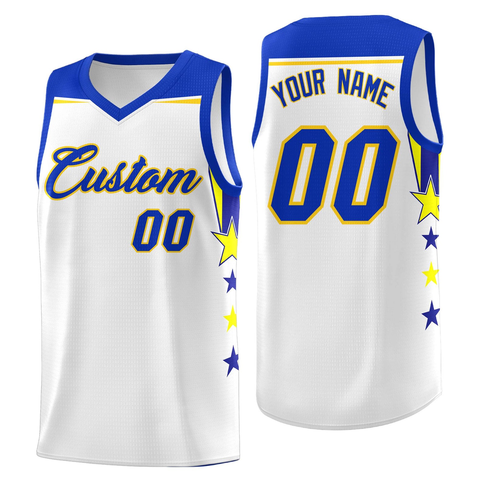 Custom Youth Basketball Uniform White Royal Two Tone Side Star Add Name Number & Logo
