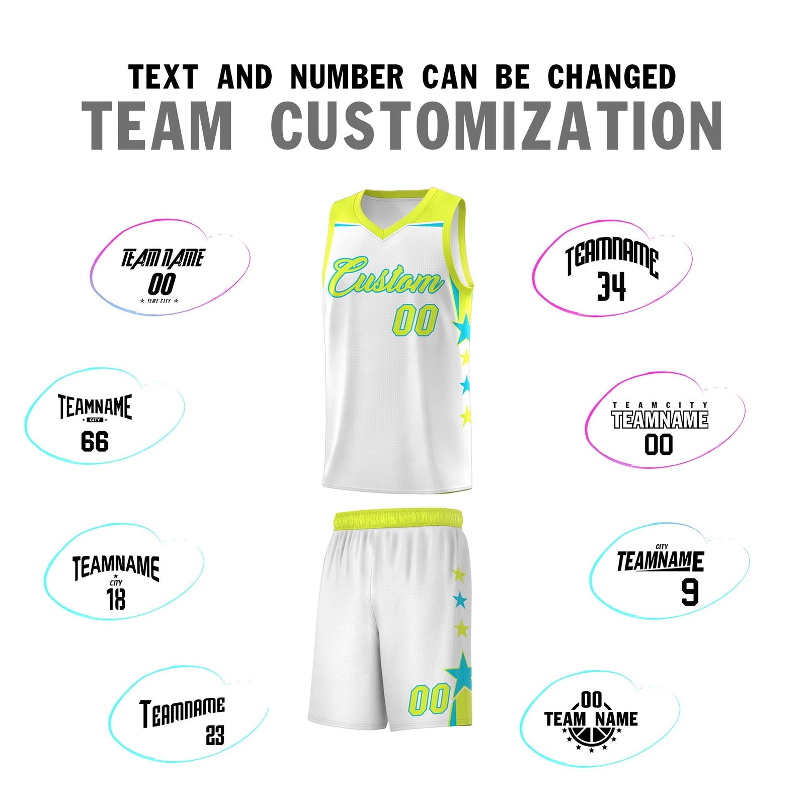 Custom Youth Basketball Uniform White Fluorescent Green Two Tone Side Star Add Name Number & Logo