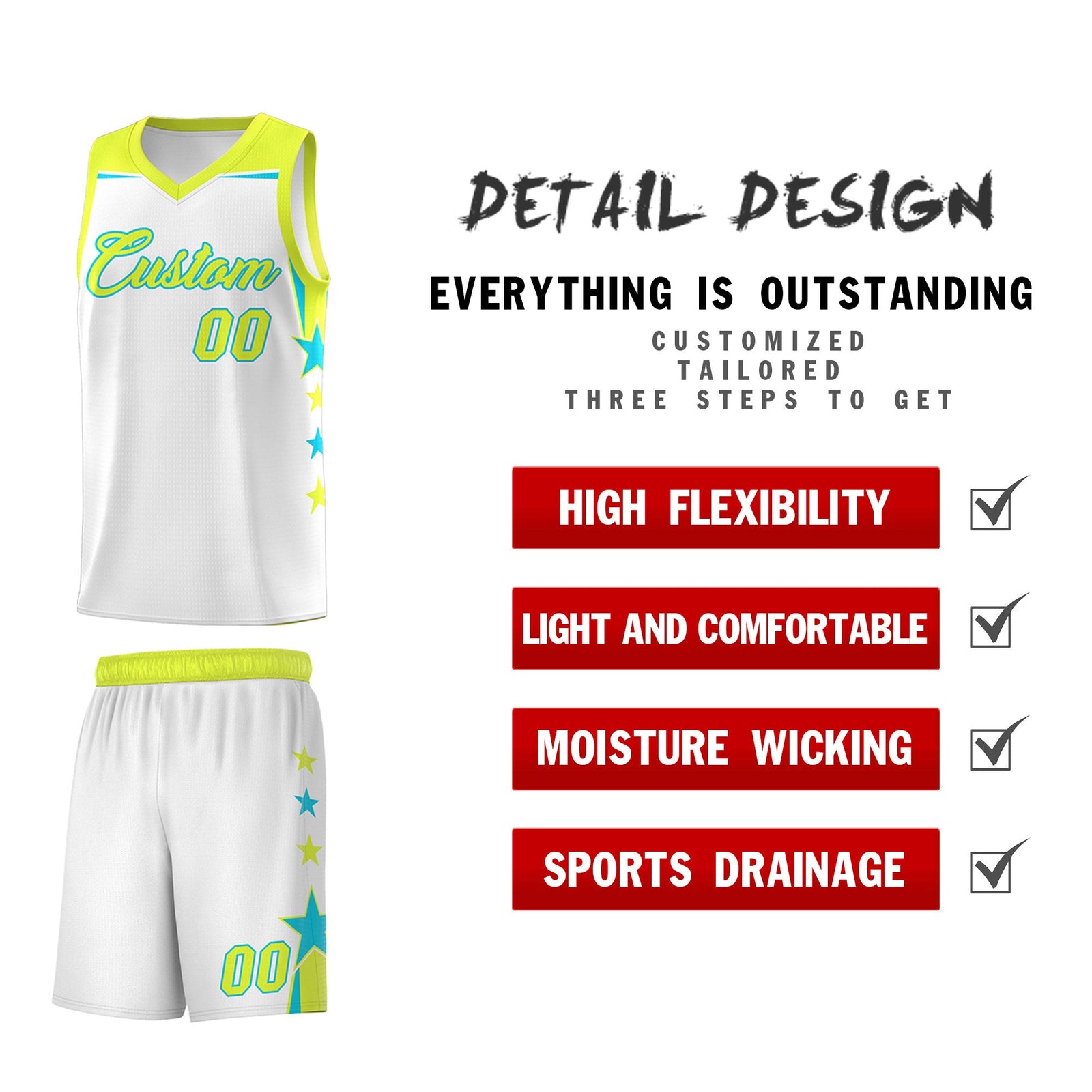 Custom Youth Basketball Uniform White Fluorescent Green Two Tone Side Star Add Name Number & Logo