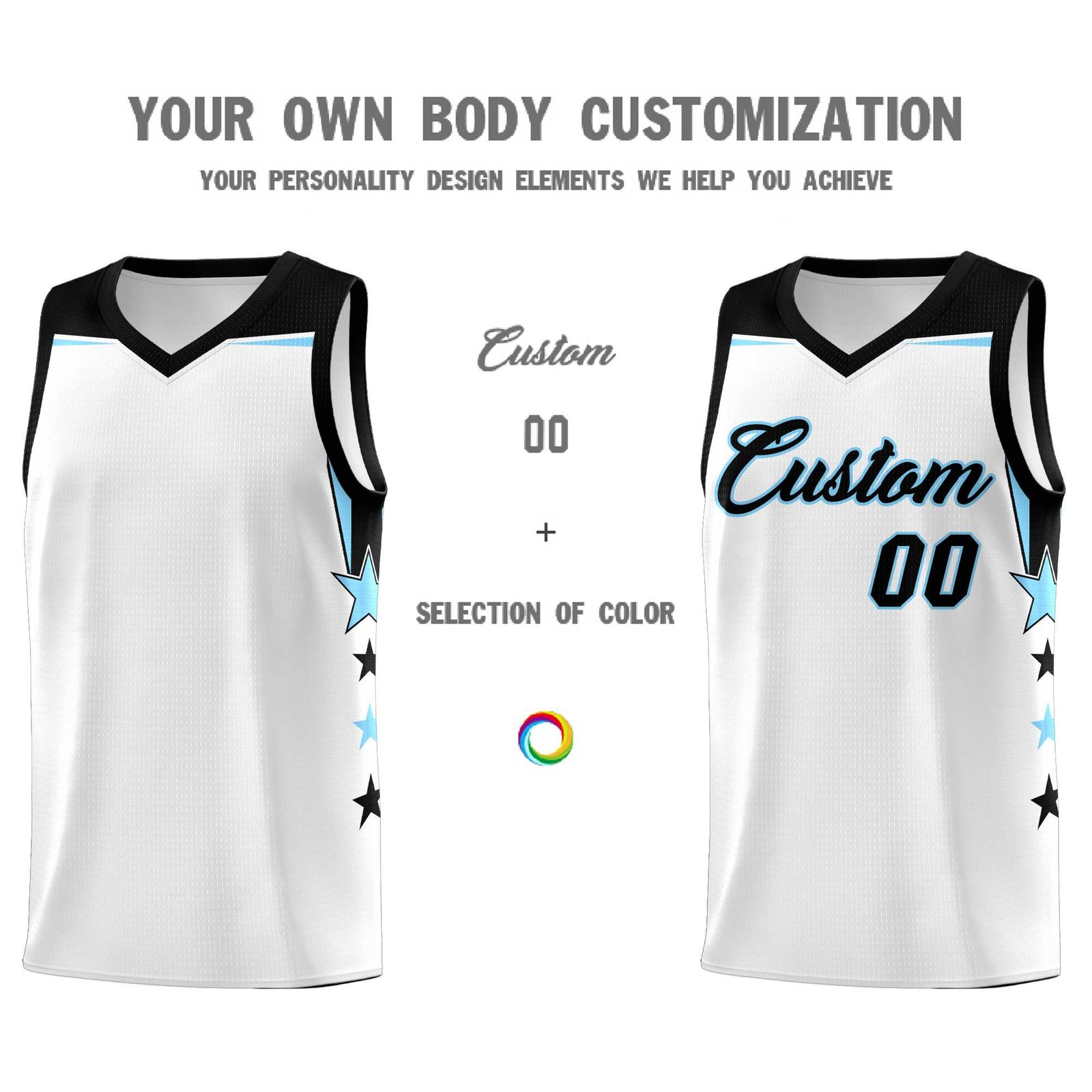 Custom Youth Basketball Uniform White Light Blue Two Tone Side Star Add Name Number & Logo