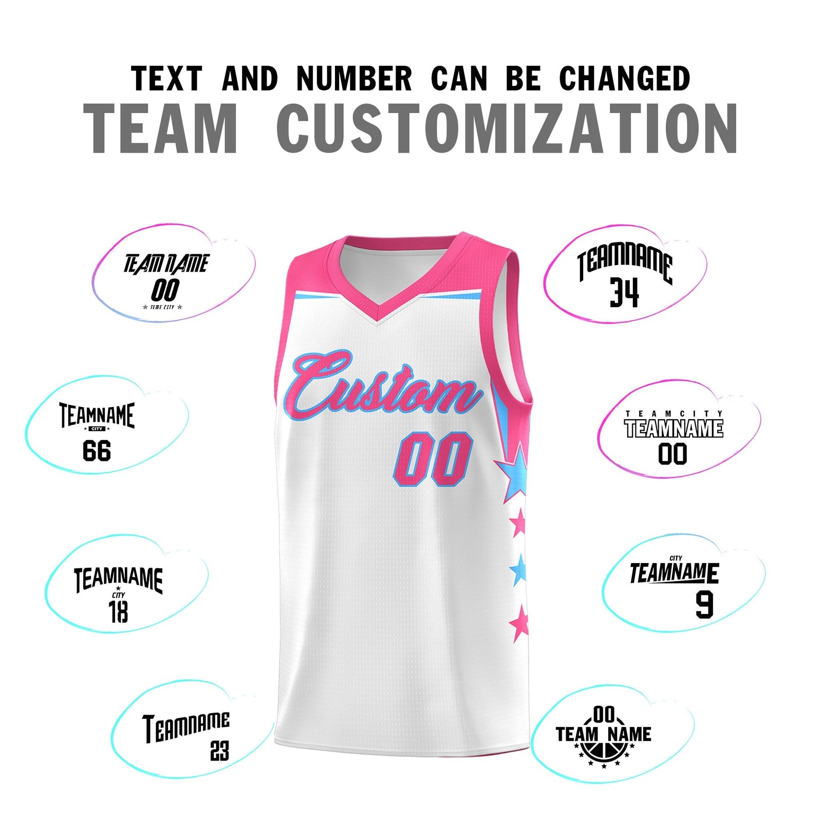 Custom Youth Basketball Uniform White Pink Two Tone Side Star Add Name Number & Logo