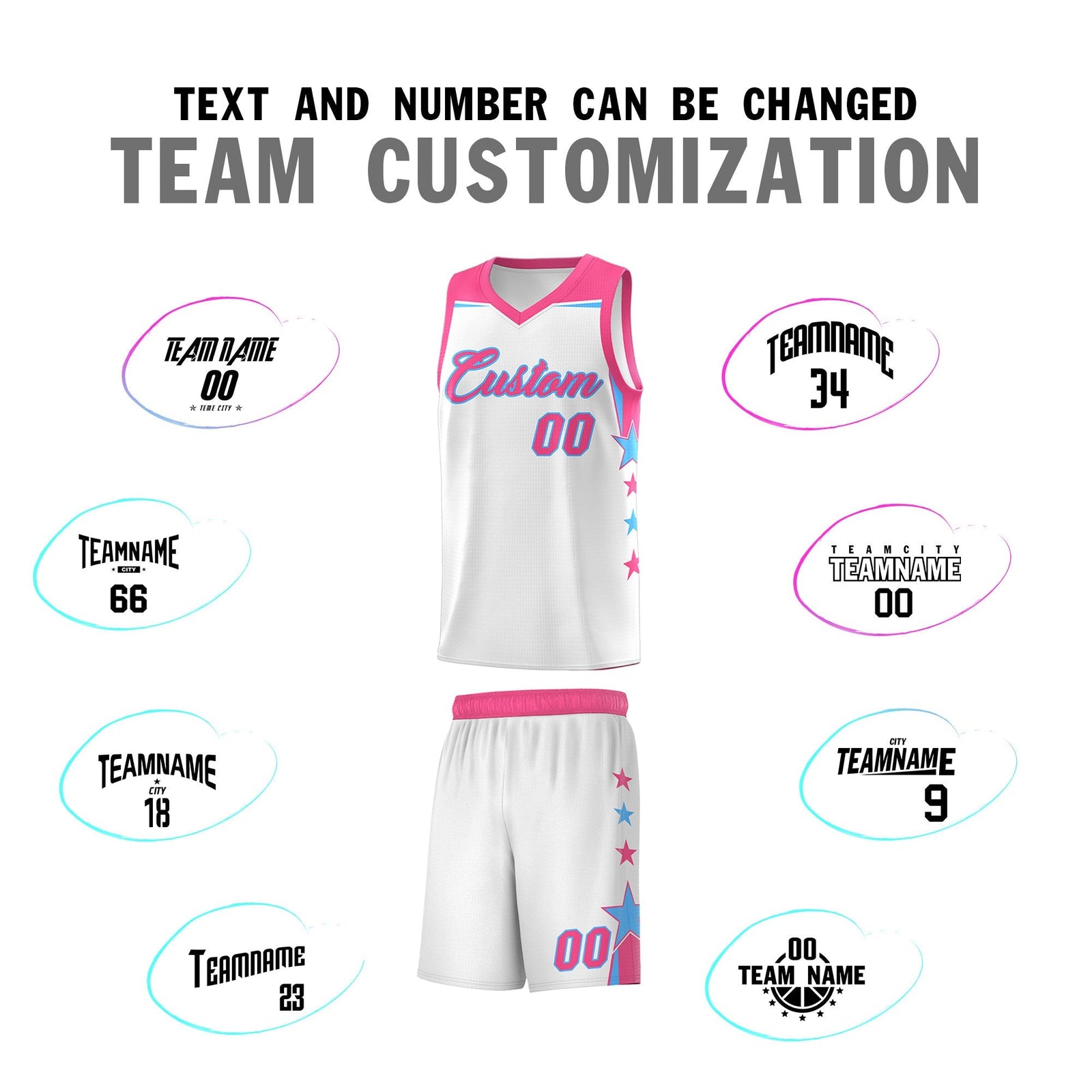 Custom Youth Basketball Uniform White Pink Two Tone Side Star Add Name Number & Logo