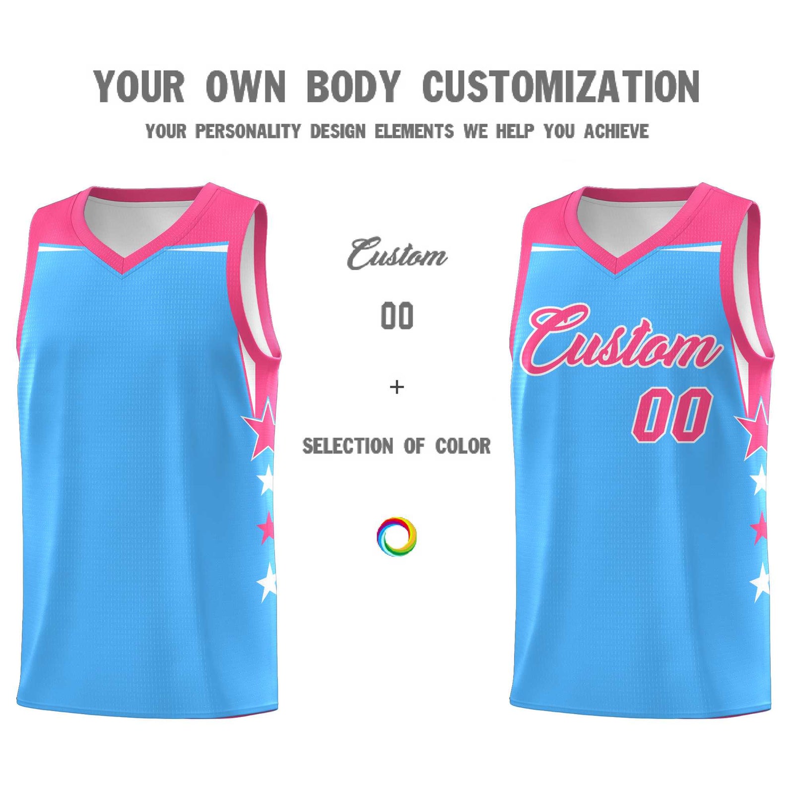 Custom Youth Basketball Uniform Powder Blue Pink Two Tone Side Star Color Block Team Jersey
