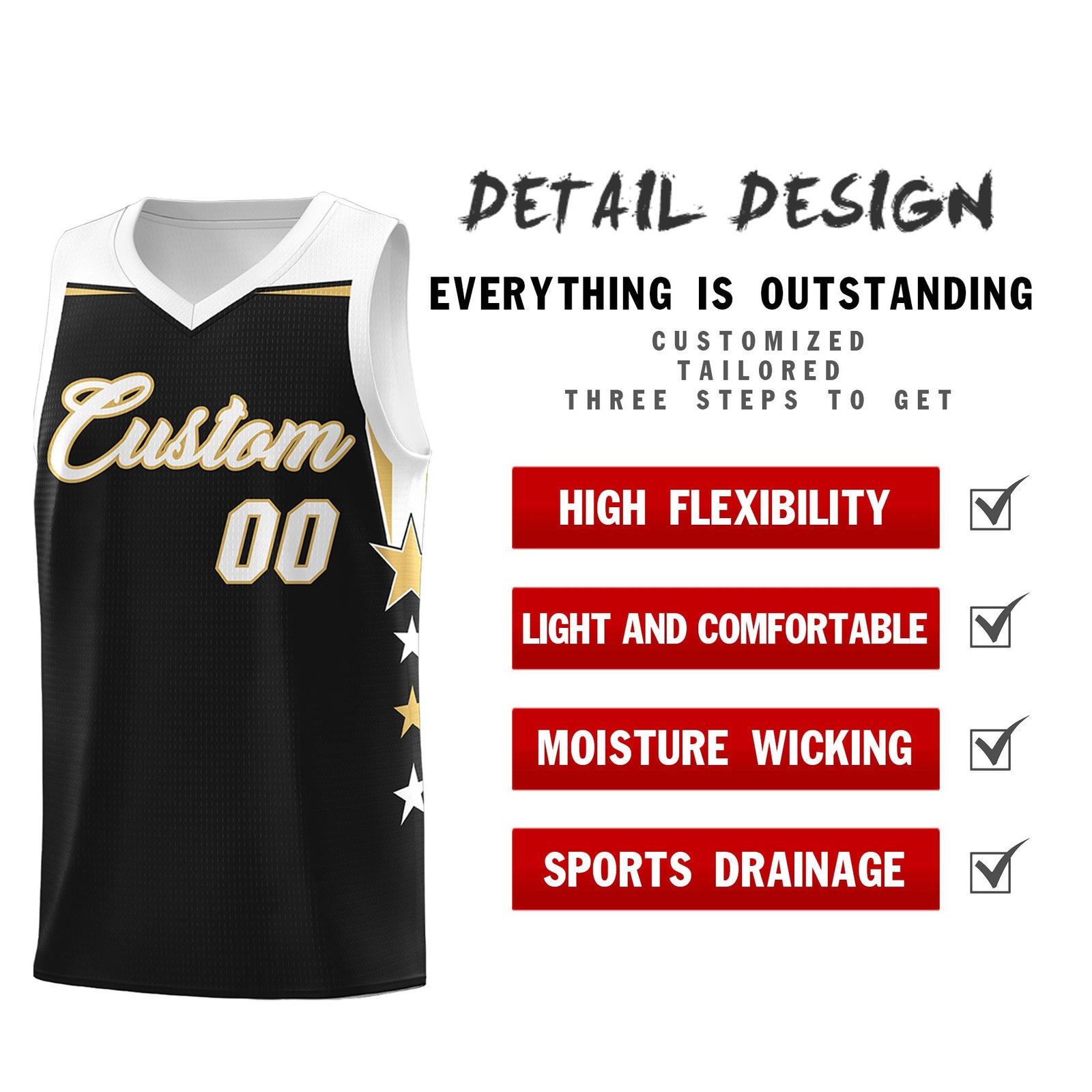 Custom Youth Basketball Uniform Black White Two Tone Side Star Personalized Team Jersey