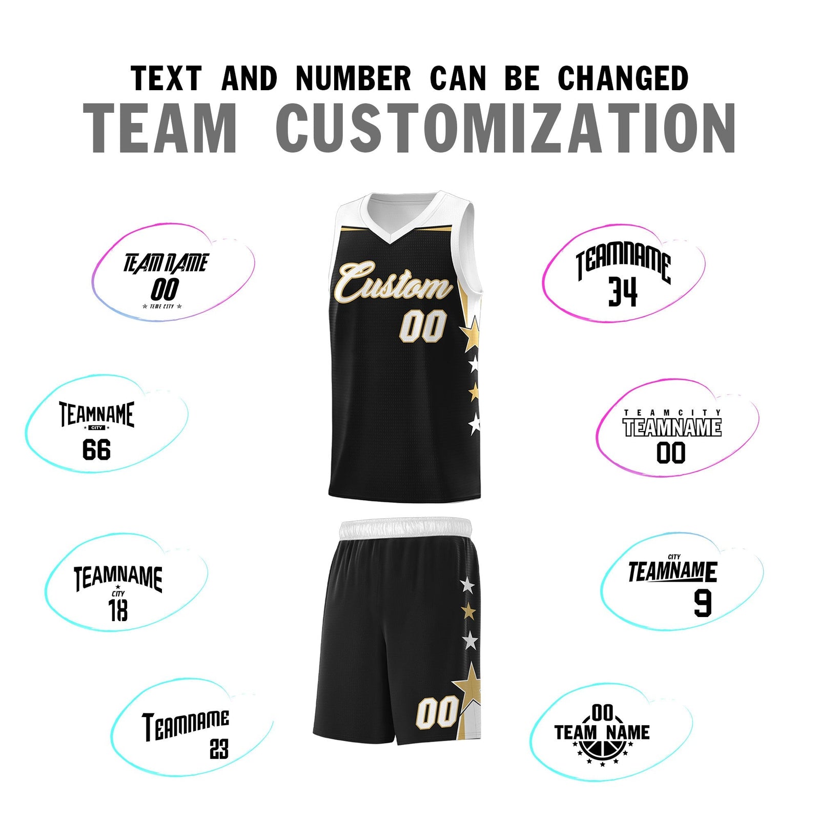 Custom Youth Basketball Uniform Black White Two Tone Side Star Personalized Team Jersey