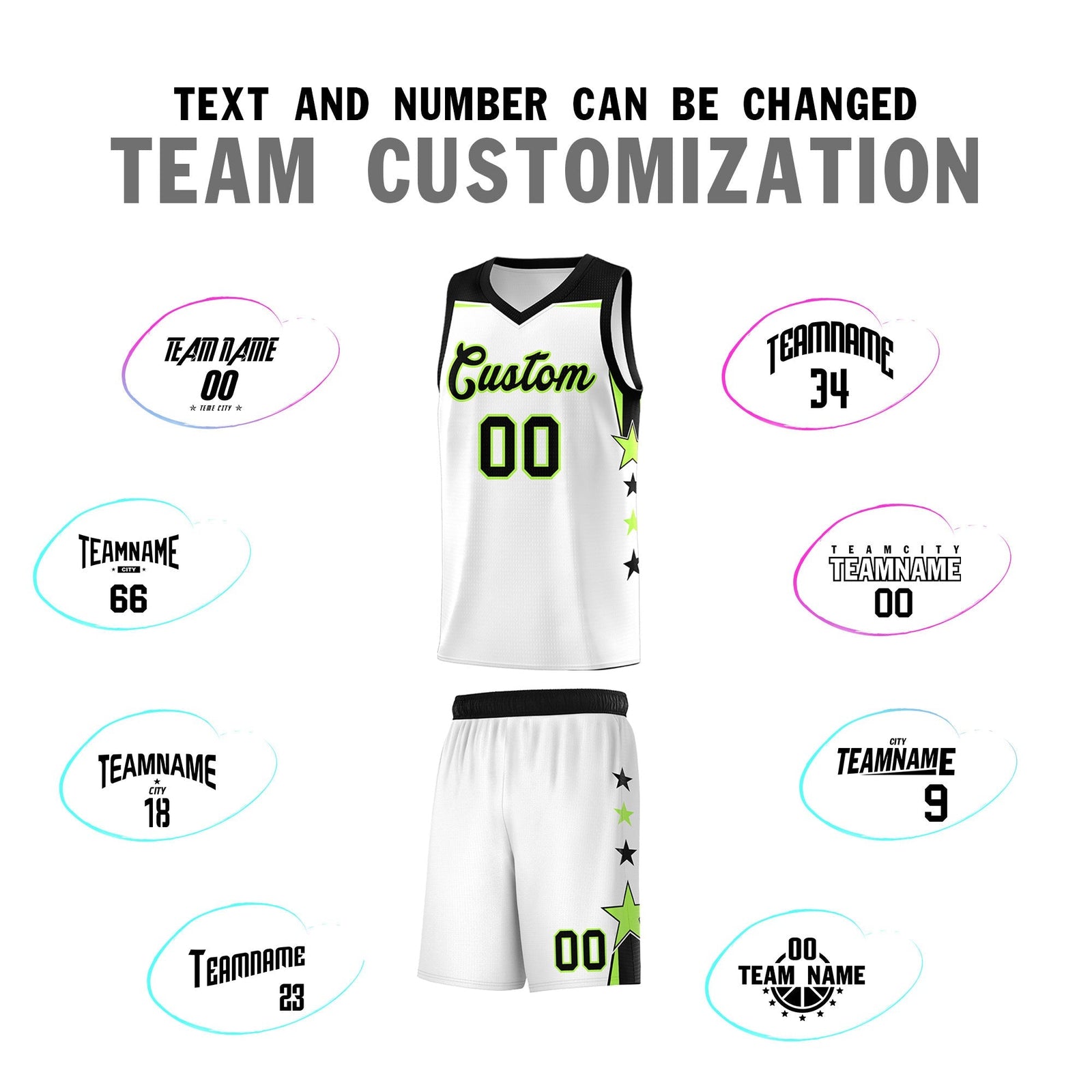 Custom Youth Basketball Uniform White Black Two Tone Side Star Add Name Number & Logo