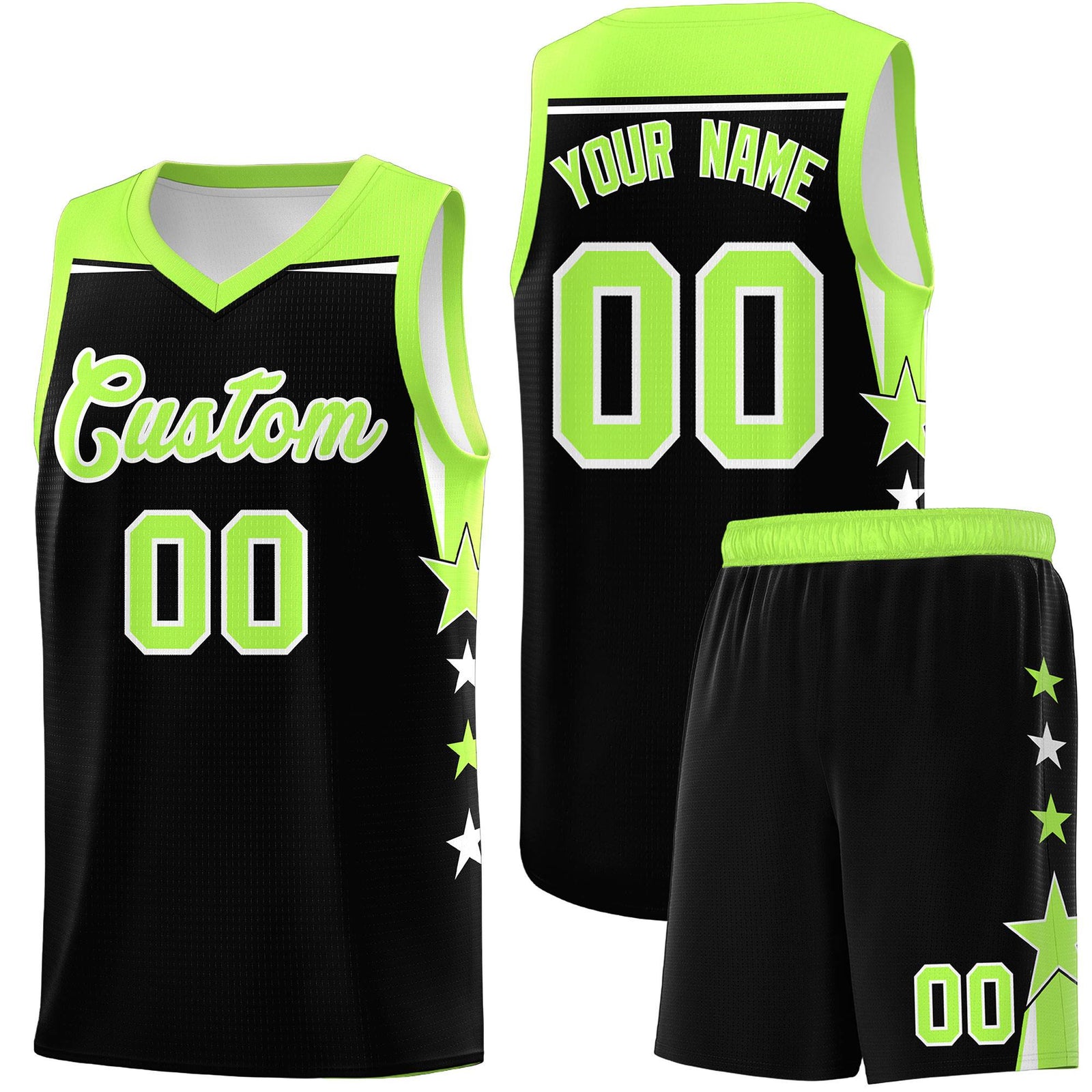 Custom Youth Basketball Uniform Black Fluorescent Green Two Tone Side Star Personalized Team Jersey