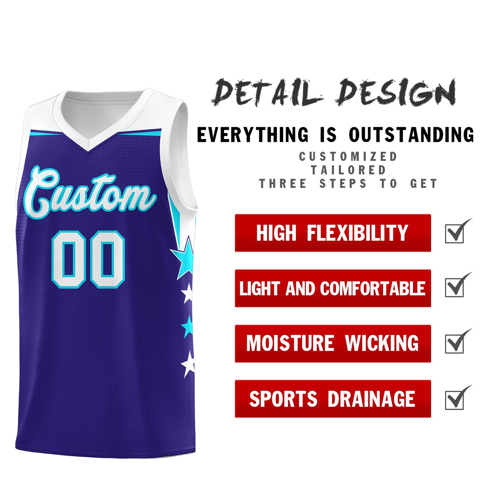 Custom Youth Basketball Uniform Royal White Two Tone Side Star Add Name Number & Logo