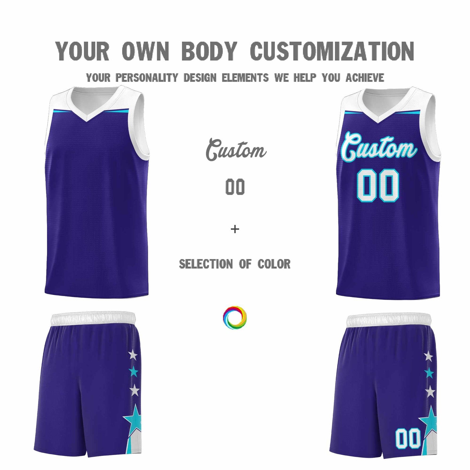 Custom Youth Basketball Uniform Royal White Two Tone Side Star Add Name Number & Logo