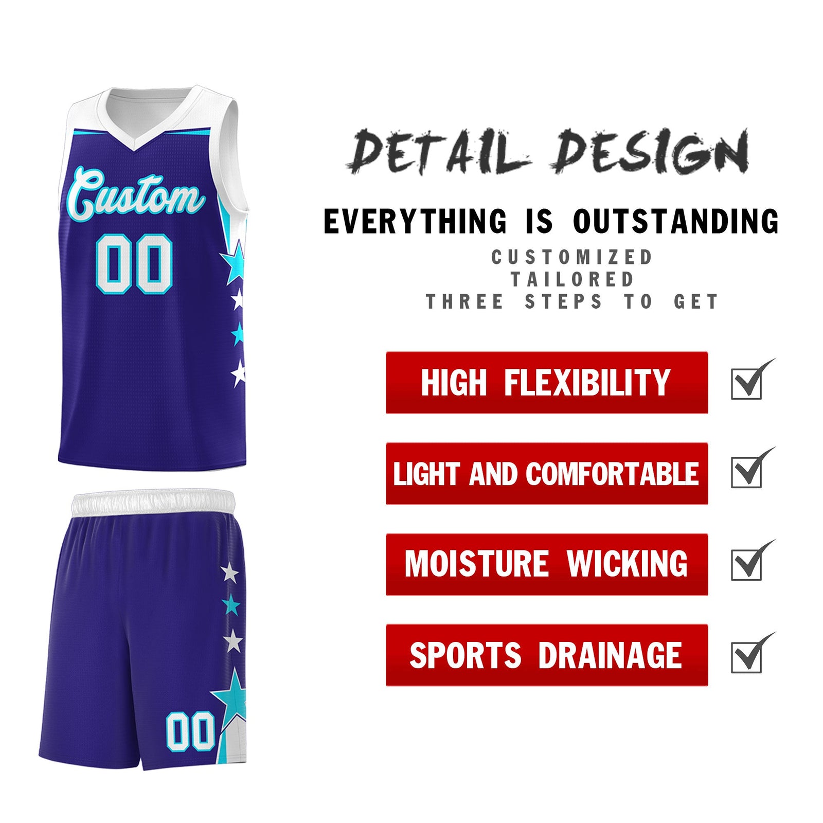 Custom Youth Basketball Uniform Royal White Two Tone Side Star Add Name Number & Logo