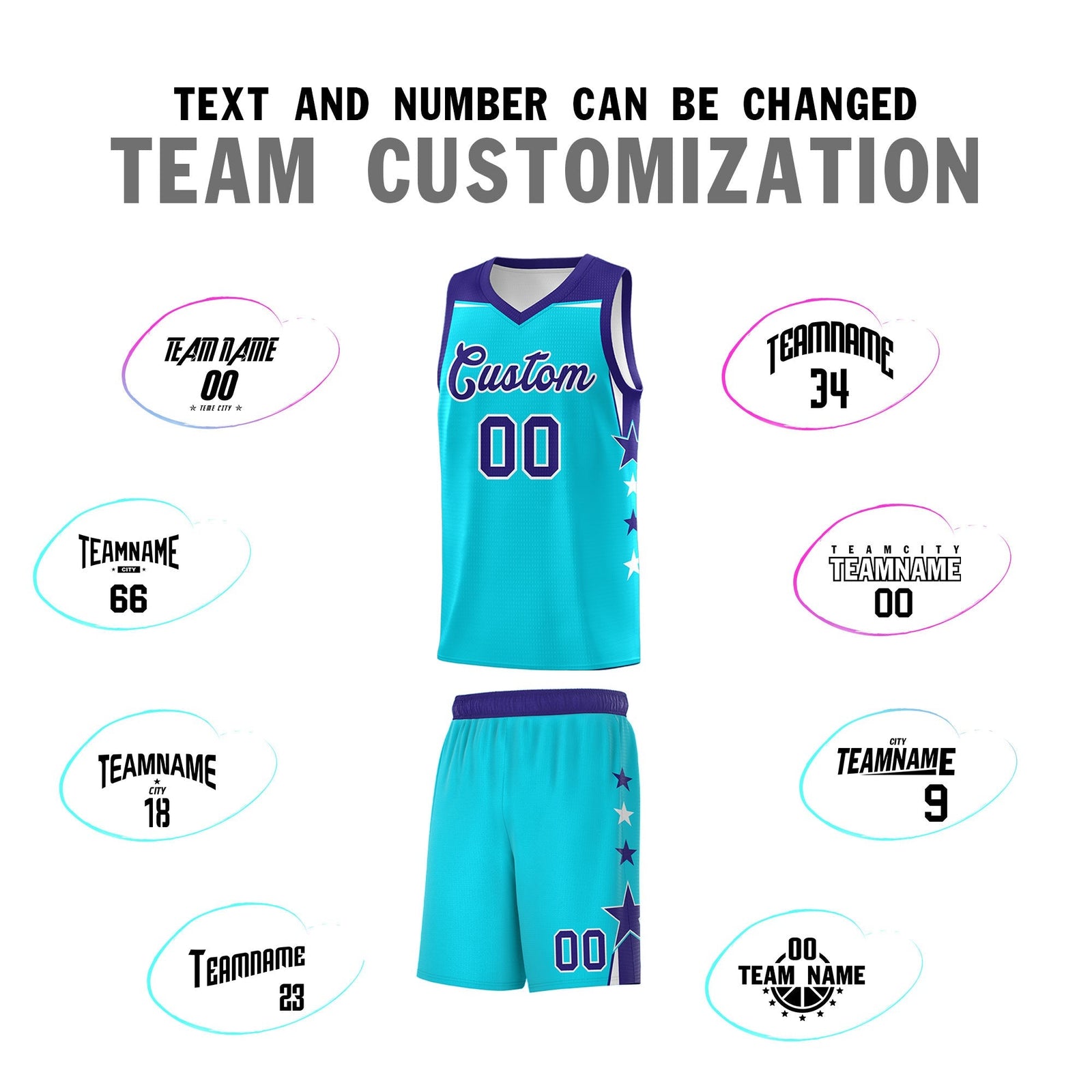 Custom Youth Basketball Uniform Sky Blue Royal Two Tone Side Star Personalized Team Jersey