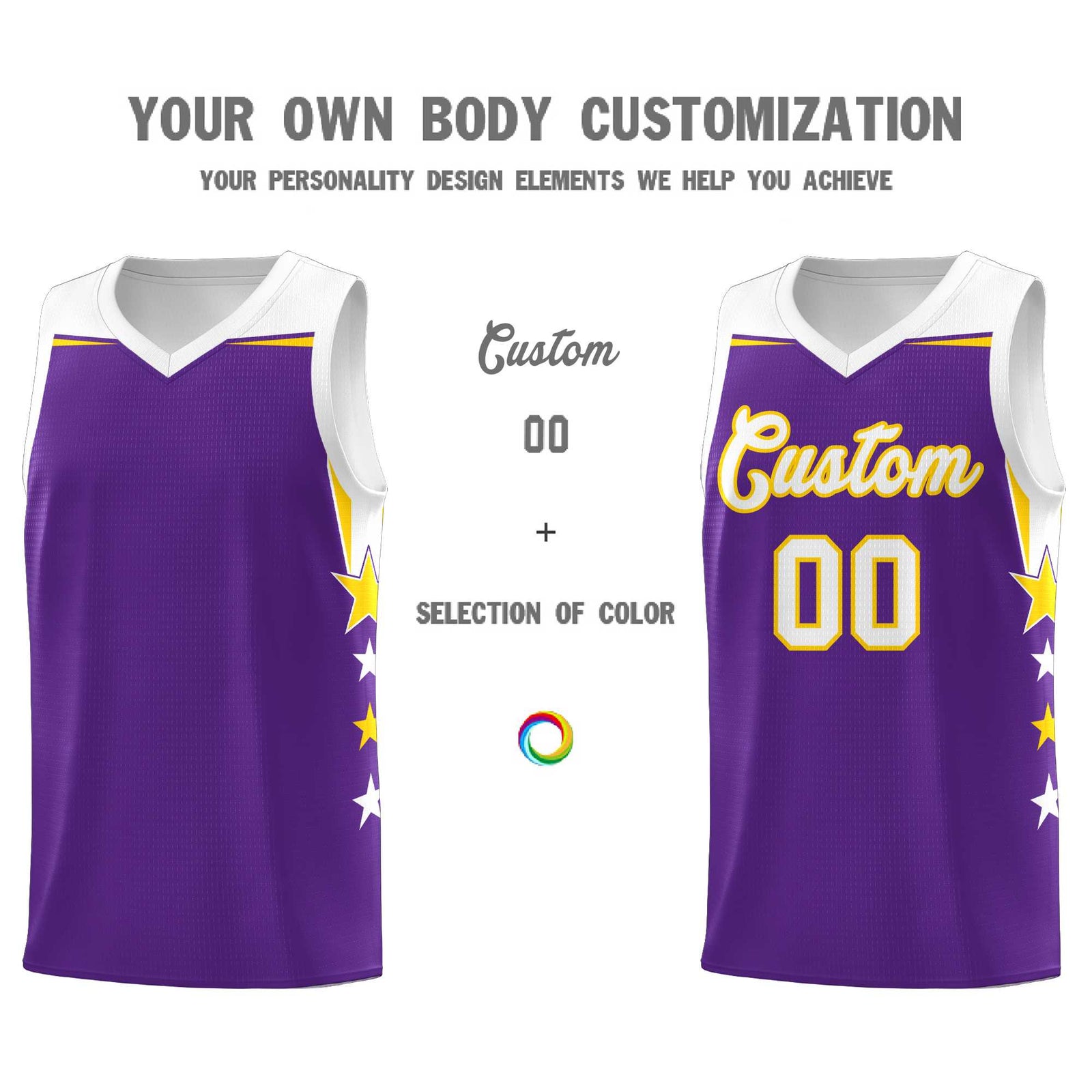 Custom Youth Basketball Uniform Purple White Two Tone Side Star Add Name Number & Logo