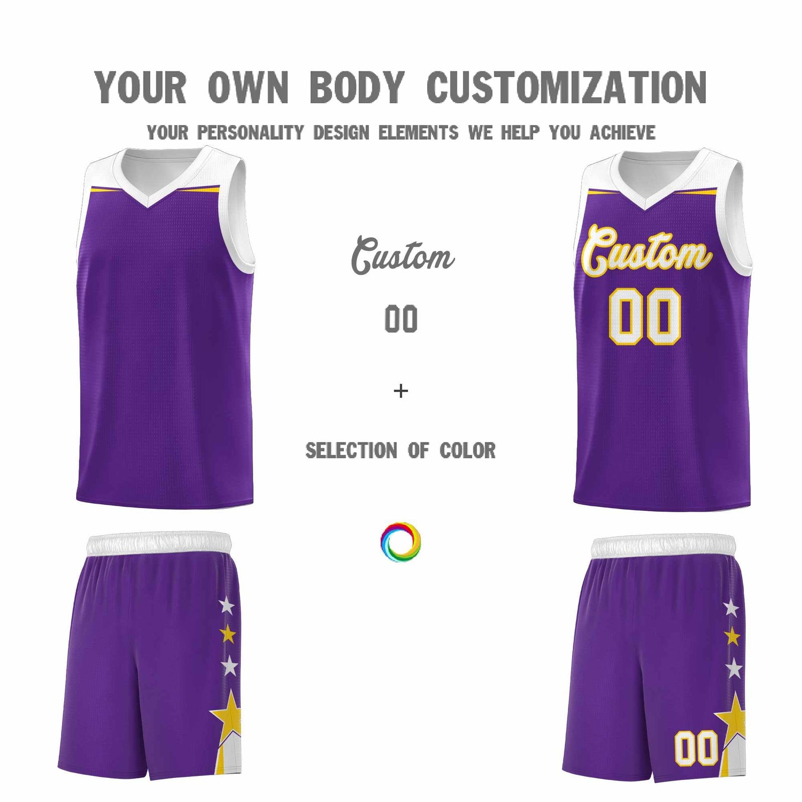 Custom Youth Basketball Uniform Purple White Two Tone Side Star Add Name Number & Logo