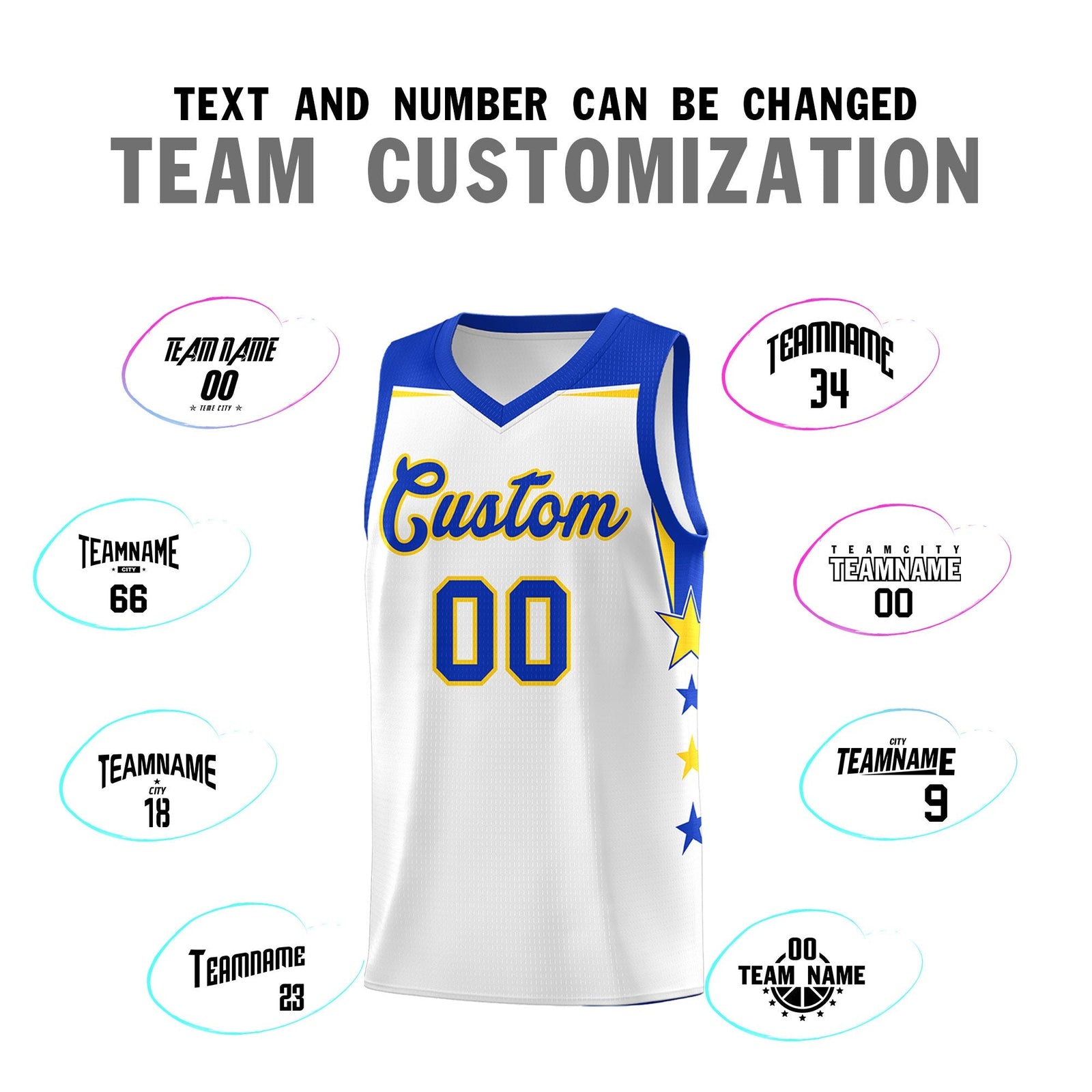 Custom Youth Basketball Uniform White Royal Two Tone Side Star Color Block Team Jersey