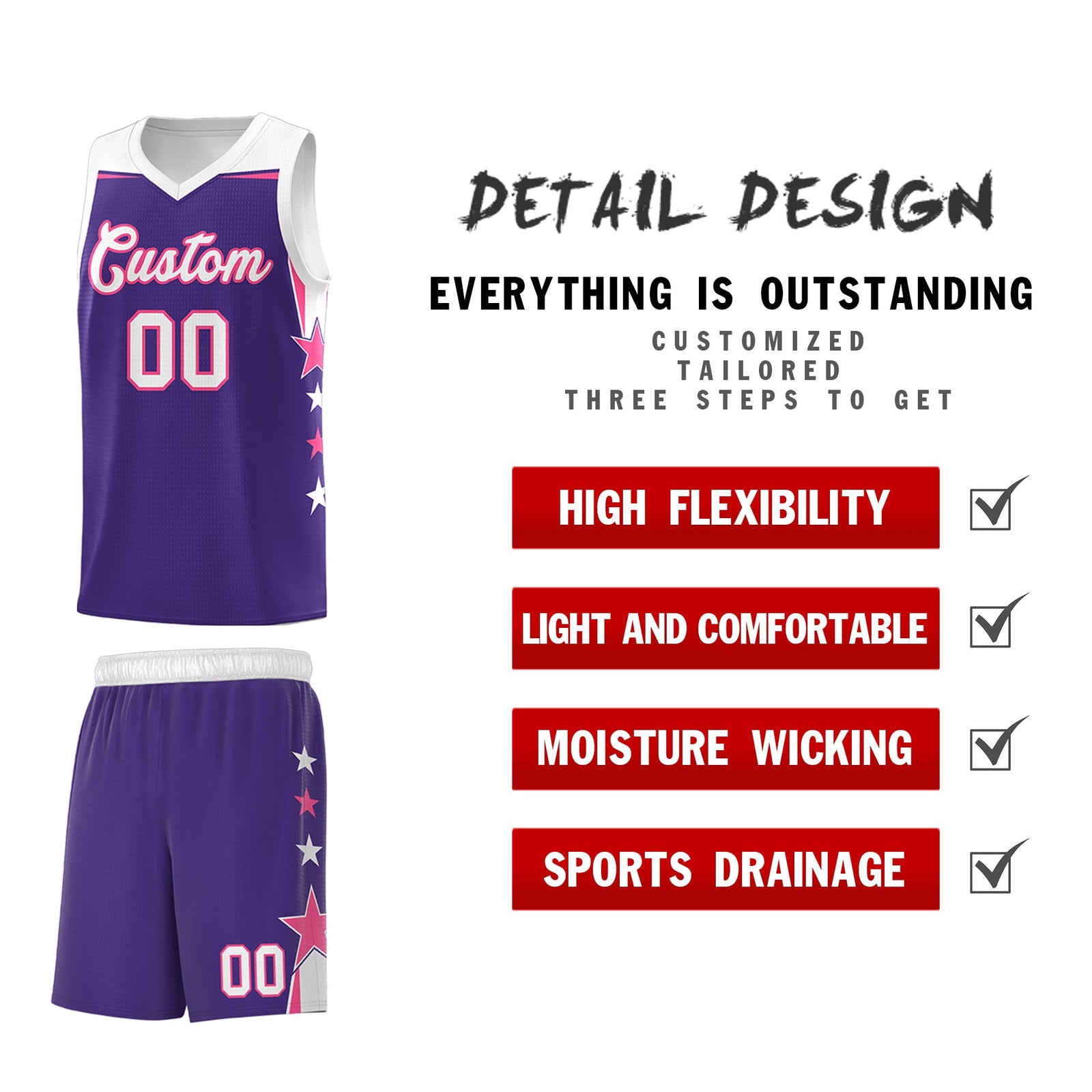 Custom Youth Basketball Uniform Purple White Two Tone Side Star Personalized Team Jersey