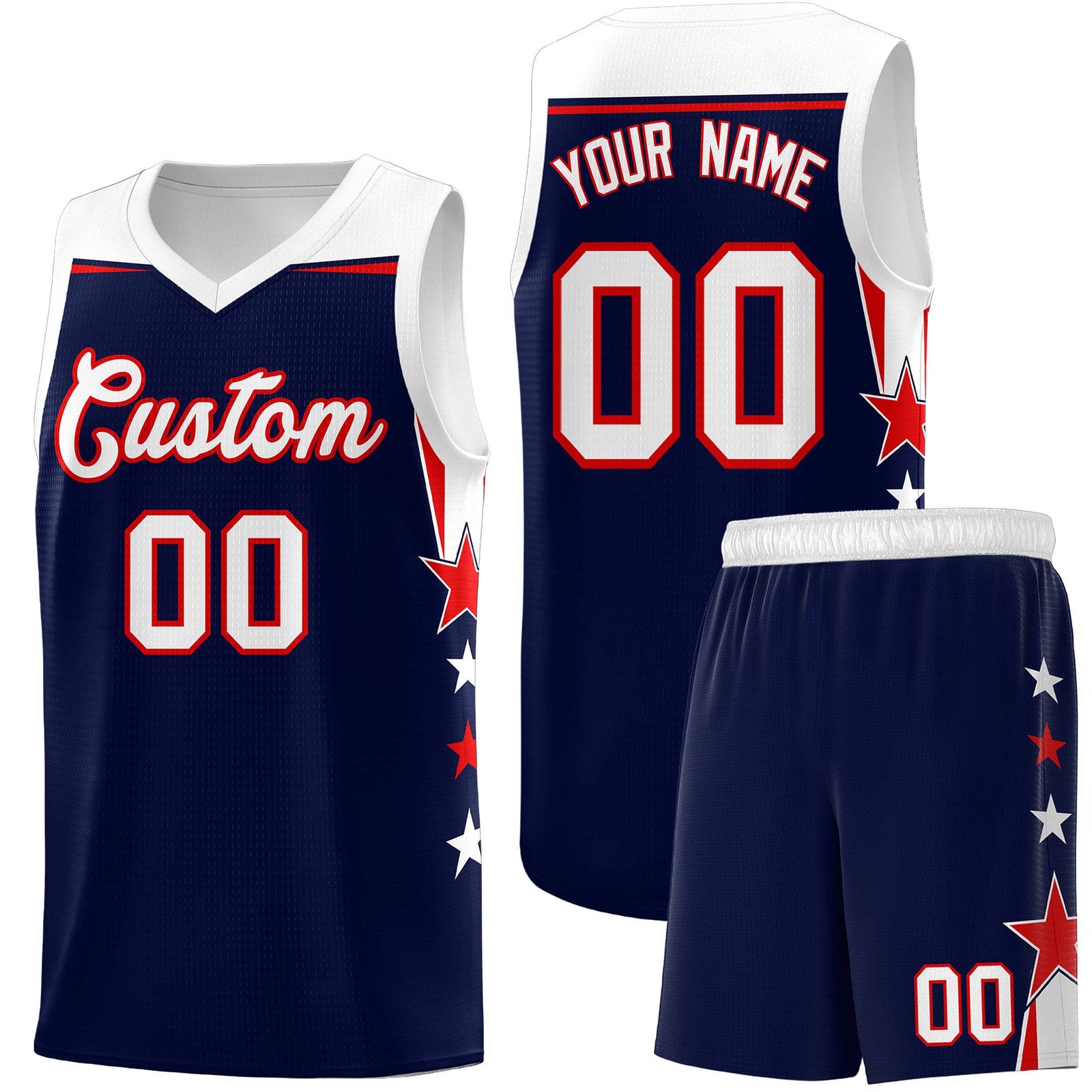 Custom Youth Basketball Uniform Navy White Two Tone Side Star Add Name Number & Logo